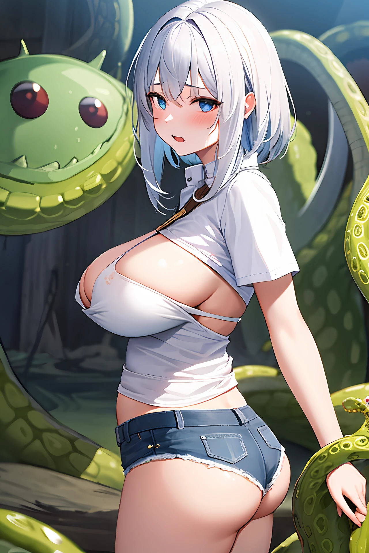 ((​masterpiece))、(top-quality)、(detaileds)、(1girl in)、White hair、blue eyess、White Cutter Shirt、denim、Dim swamp、Tentacle monsters、buttock、Large breasts、distressed face、Cowgirl、torture、