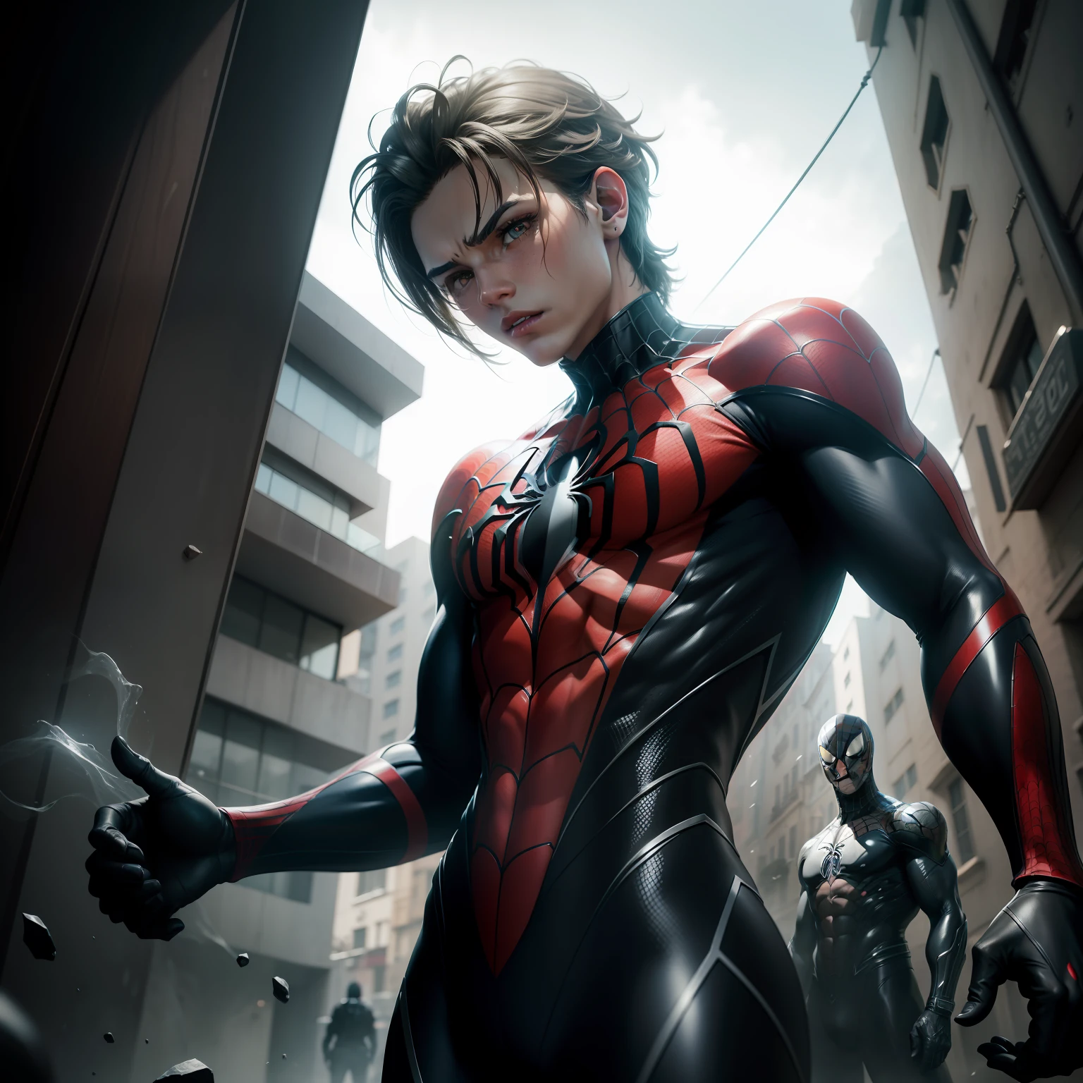 (8k, foto RAW, melhor qualidade, obra-prima: 1.2), ultra detalhado, arte oficial, foto-realista: 1.37, spider man, black suit, spider in the center of your chest in white, organic looking clothing, gooey testura, symbiote, white eyes, fine art, PS5 cinematic screenshot,highly detailed detailed cinematic rendering, ultra photorealistic raytricing, with cinematic lightingpose de ação