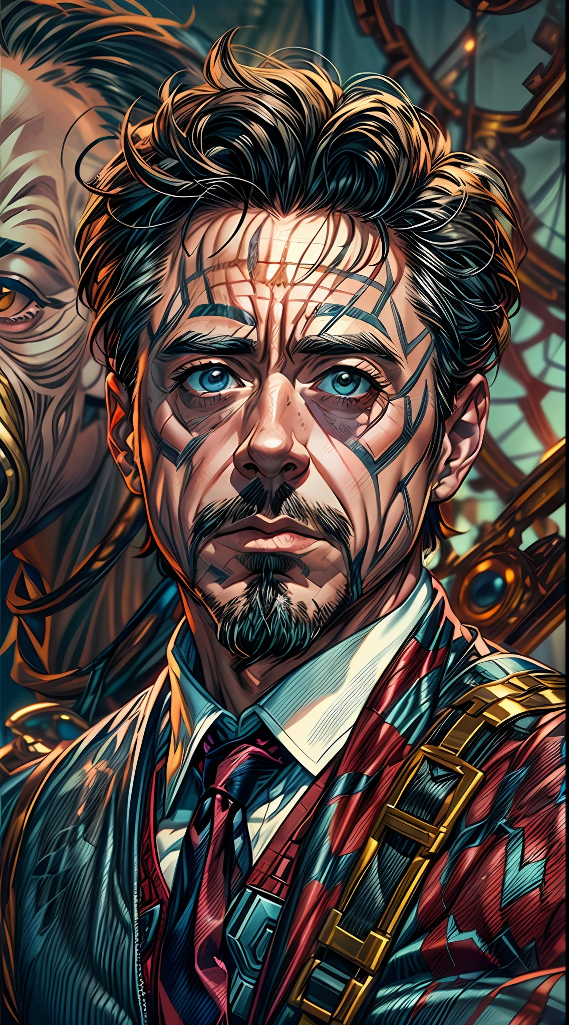 (RAW Photo, Best Quality), (Realistic, Photorealistic Photo: 1.3), Best Quality, Highly Detailed, Masterpiece, Ultra Detailed, Illustration, Marvel cinematic universe, marvel, robert downey jr, create a Tony Stark Avatar in his suit, background should be epic, upper body, high detail on dress, Best Quality, Extremely Detailed CG Unified 8k Wallpaper, Ink, Amazing, badass look, portrait, close up (skin texture), intricately detailed, fine details, hyperdetailed.