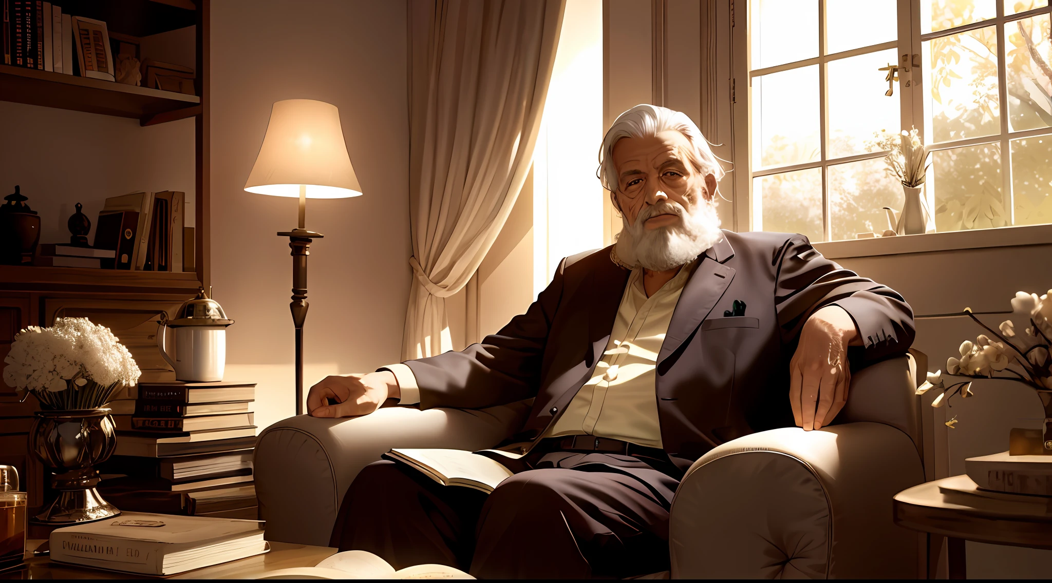homem velho, casa velha, sitting in a comfortable armchair, livro aberto no colo, raia de luz da lua batendo no rosto, Pose casual, esthetic, Intrincado, Caustic, raios de luz, luz da lua, Lighting-Gold (ambiente sombrio e sombrio: 1.2) (obra-prima: 1.2) (fotorrealista: 1.2) (bokeh) (melhor qualidade) ( pele detalhada:1.2) (detalhes intrincados) (Clutter-Home) (8k) (HDR) (cinematic lighthing) (foco nítido)