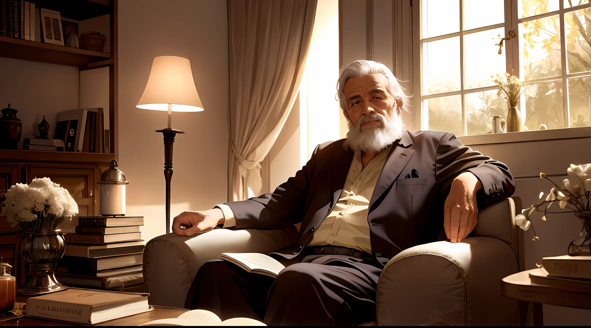 homem velho, casa velha, sitting in a comfortable armchair, livro aberto no colo, raia de luz da lua batendo no rosto, Pose casual, esthetic, Intrincado, Caustic, raios de luz, luz da lua, Lighting-Gold (ambiente sombrio e sombrio: 1.2) (obra-prima: 1.2) (fotorrealista: 1.2) (bokeh) (melhor qualidade) ( pele detalhada:1.2) (detalhes intrincados) (Clutter-Home) (8k) (HDR) (cinematic lighthing) (foco nítido)