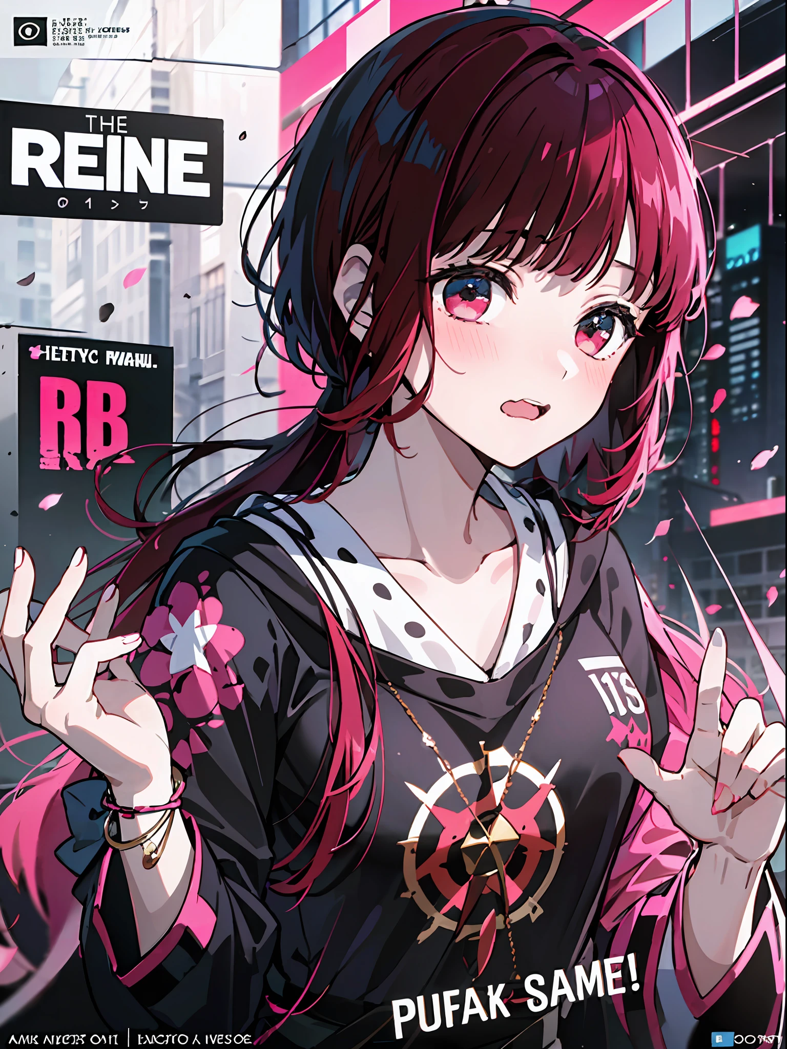 (masterpiece、top-quality、hight resolution)、 Kana Arima \(Oshinoko\), full of shyness、red hairs、Bob Hair、red blush、Wavy mouth、(((Dramatic)))、(((gritty)))、(((vehement))))The poster of the film appears as a central character。She is shy in the center of the poster、Wearing an idol costume、Has a determined look。The background is dark and rough、I feel like I'm drunk。Text is bold and eye-catching、Catchy slogans add to the overall drama and excitement。The color palette is dominated by dark colors.、Bright colors dotted、Make your poster dynamic and visually impactful、Tachi- e(magazine:1.3)、(cover-style:1.3)、Fashionable、with a vibrant、outfits、the pose、the front、colourfull、Dynamic、Background with、element、self-assured、Expressively、ngel、statement、attachment、An majestic、coiled、surroundings、Touch、The scene、Texto、covers、boldface、grab attention、Titles、lo fashion、Font、Catchy、Titles、Large、grab attention、moderno、 Trendy、concentrating、Stylish、1 girl in