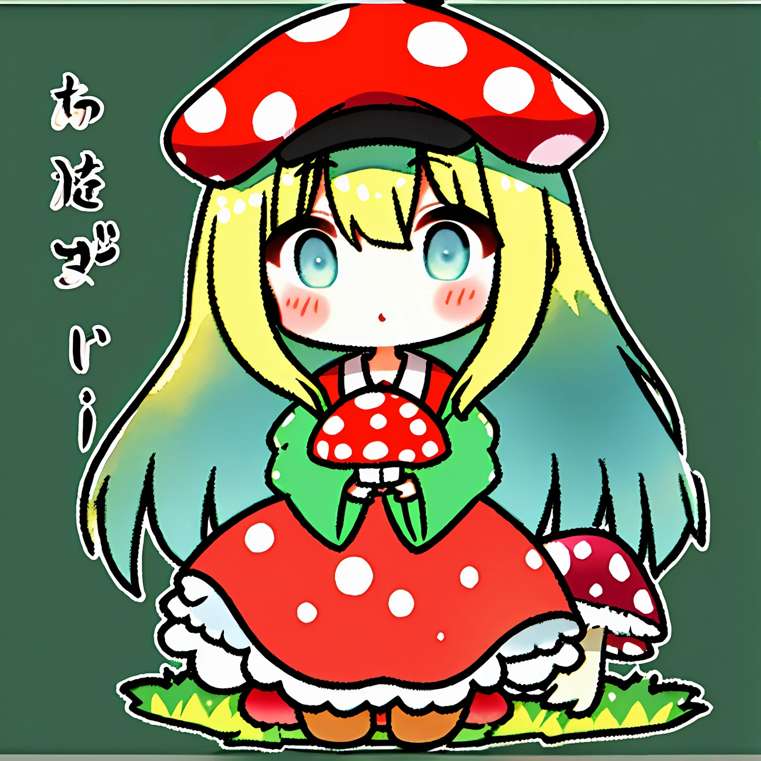 Chibi、Two-headed body、full body Esbian、Red mushroom cap with white polka dots、See-through mushrooms、、Detailed forest background、simple background、Watercolor touch、smear、colourfull、Active Pose、mesugaki、thick eyebrow、Beautiful blonde、Braids、(​masterpiece)、((top-quality))、girl with、独奏、(beautidful eyes))、beatiful detailed eyes、Five Fingers、textile shading、