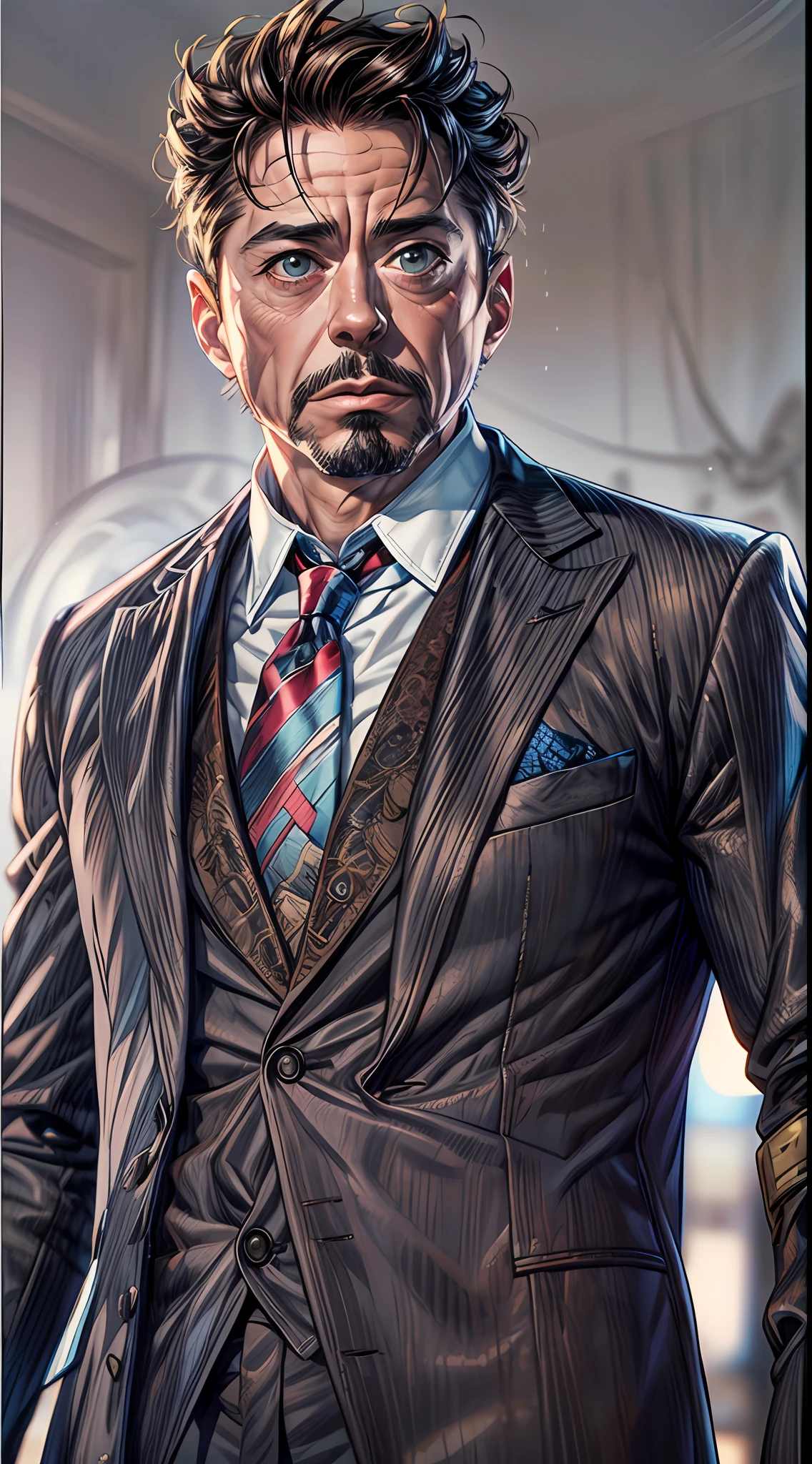 (RAW Photo, Best Quality), (Realistic, Photorealistic Photo: 1.3), Best Quality, Highly Detailed, Masterpiece, Ultra Detailed, Illustration, Marvel cinematic universe, marvel, robert downey jr, create a Tony Stark Avatar in his suit, background should be epic, upper body, high detail on dress, Best Quality, Extremely Detailed CG Unified 8k Wallpaper, Ink, Amazing, badass look, portrait, close up (skin texture), intricately detailed, fine details, hyperdetailed.