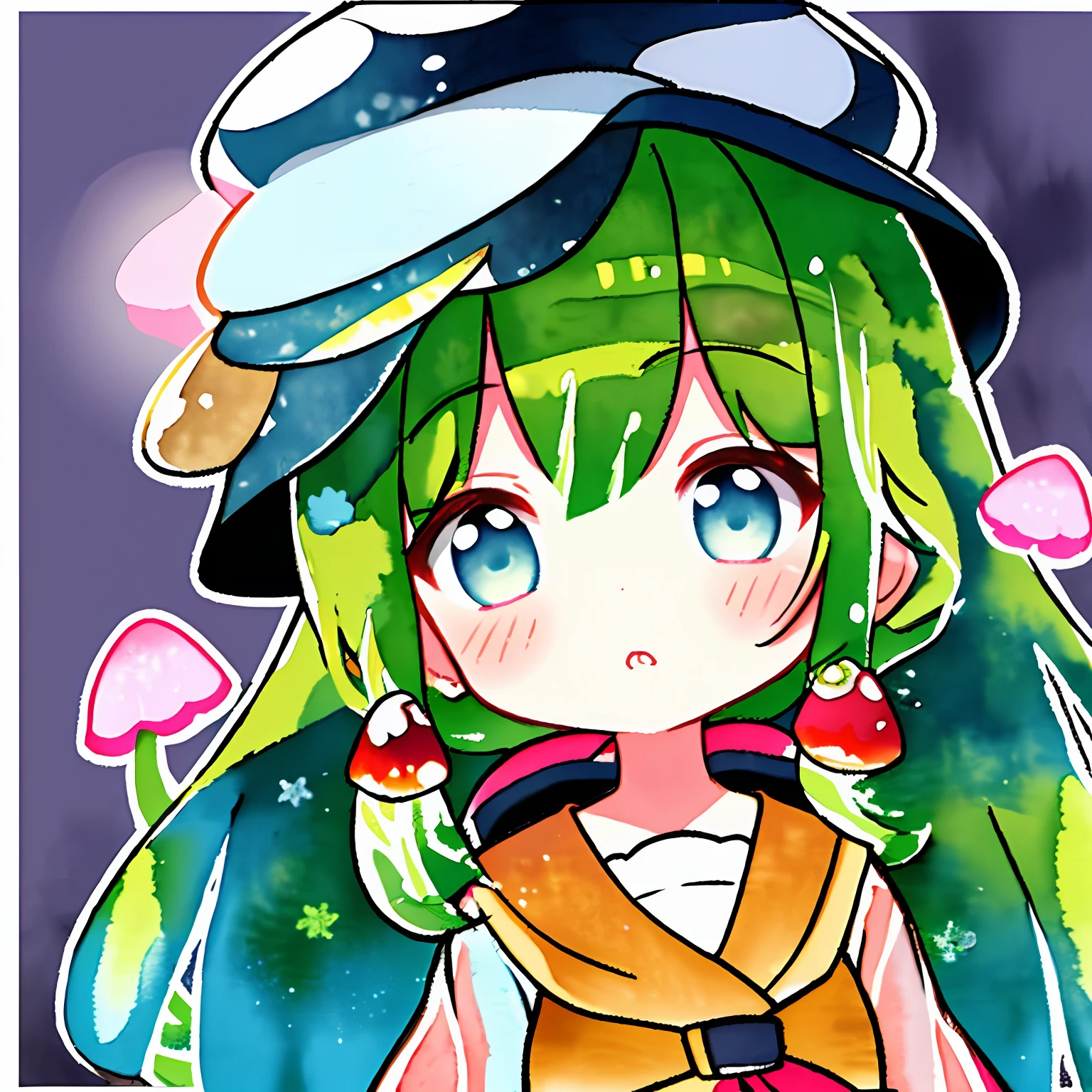 Chibi、Two-headed body、full bodyesbian、Mushroom hat、See-through mushrooms、Nipple seal when this fusion、The background is the forest、Simple backgrounds、Watercolor Touch、Smearing、colourfull、Active Pose、mesugaki、thick eyebrow、Beautiful blonde、Braids、(​masterpiece)、((top-quality))、girl with、独奏、(beautidful eyes))、beatiful detailed eyes、Five fingers、textile shading、
