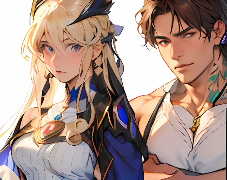 Anime - Imagen de estilo de un hombre y una mujer abrazados, Jazza y RossDrew, mirandose tiernamente, Silas, Hidari y Vlop, Ben Maier y Sakimichan, rob rey and kentarõ miura, commission for high resolution, RossDrew y Jazza, Sasura, Sakimichan y Frank Franzzeta, hombre de piel oscura, hombre tatuado, hombre de ojos azules, Brown-haired man, mujer blanca, mujer de cabello blanco albino, mujer de ojos rojos, mujer con cuatro cuernos apuntando hacia abajo.