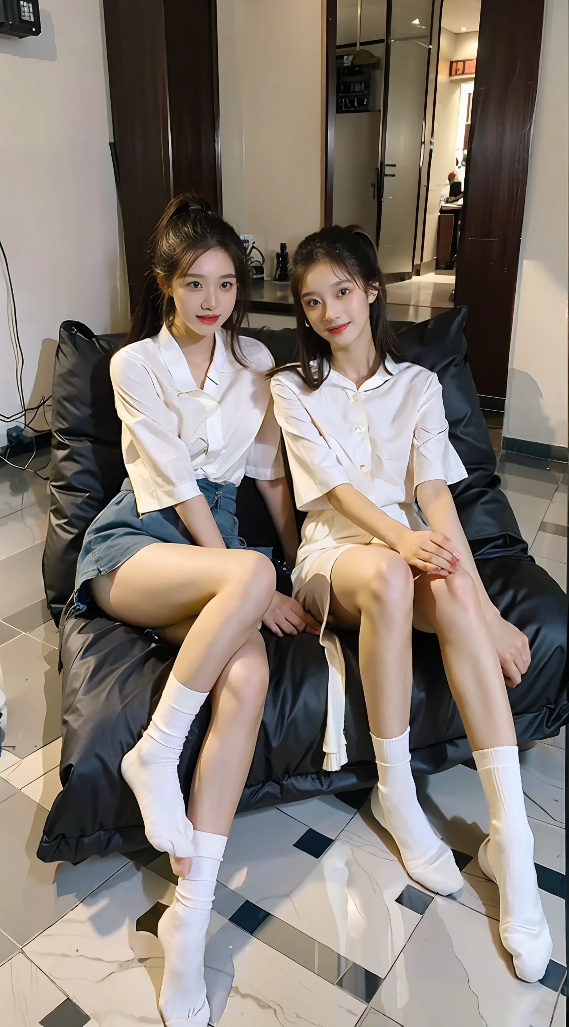 Face the lens,looks into camera,Pupil correction,Best quality at best,tmasterpiece,超高分辨率,(realisticlying:1.4),s girl,Juvenile,Wear socks,High ponytail