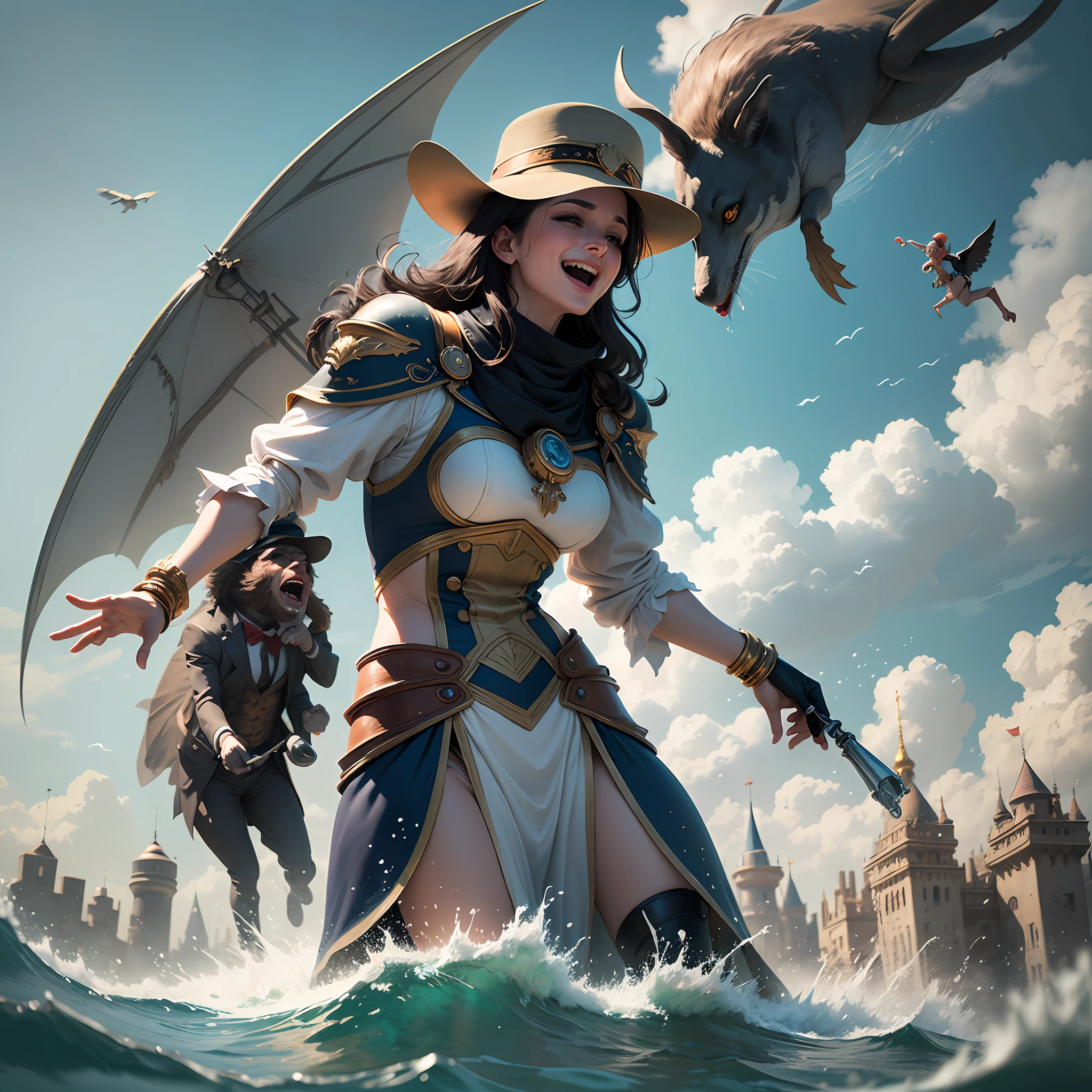 Arabic tale from the 1400s. Racing on vintage sci-fi mechanical devices. Funny characters flying among the clouds. In elegant old suits and hats. Diving into the water, laughter, joy, fun. Splashes of water. Full length closeup portrait in Disney Pixar style, super realistic, cinematic, lots of details, dark blurred fantasy background --auto --s2