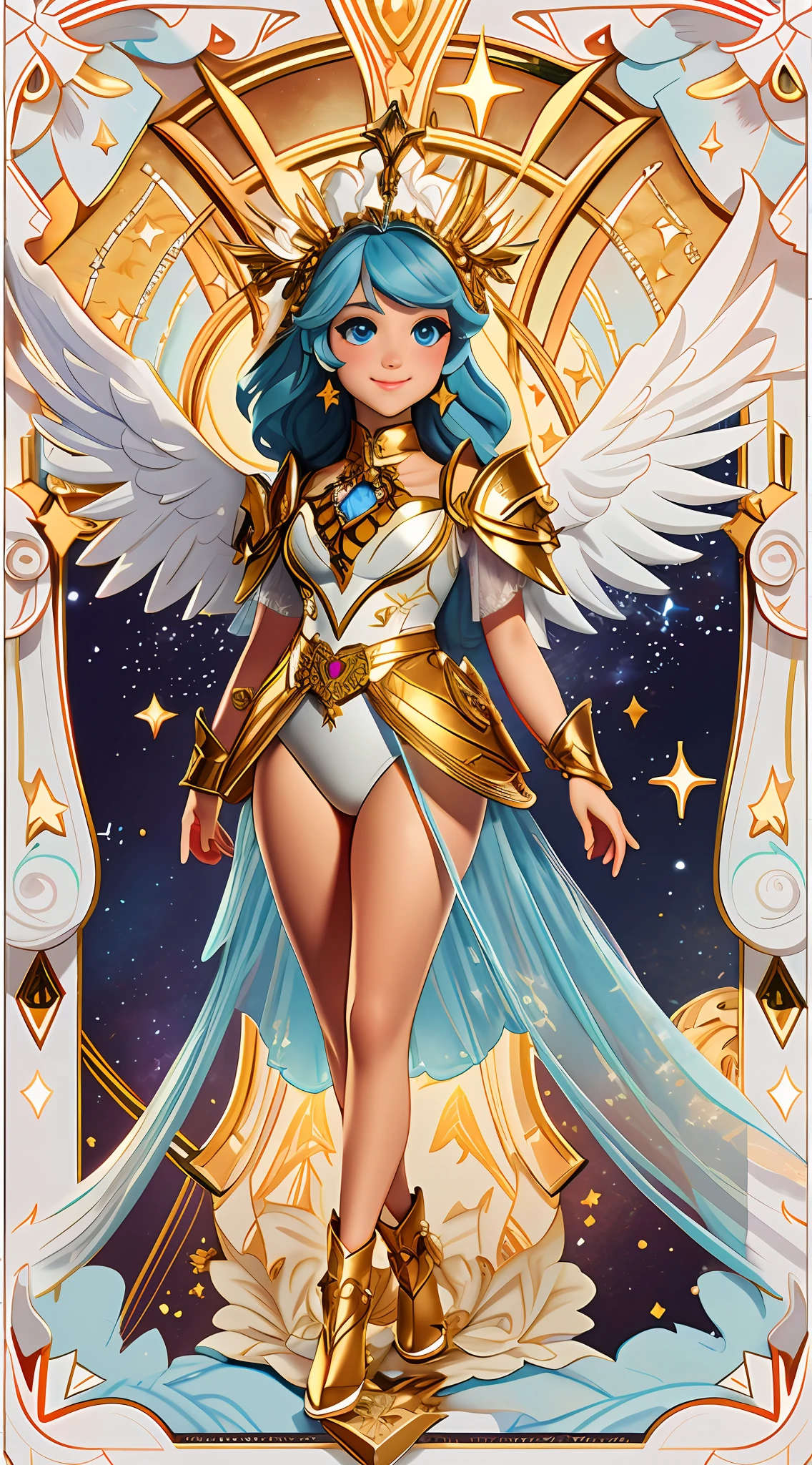 tarot cards,Luxurious picture frame,Complex border pattern,ultra-wide-angle,Full body photo,over distances,Overlooking,ssee-through,Stand up,Stand up,Angel of Judgment,A plump chest,Sexy lingerie armor,Watercolor beautiful magic,Beautiful mysterious goddess,Flowing heart,Vintage frame,With angel wings,ssmile,feater,As estrelas,rosette,themoon,facing sideways,Fantasy illustration,s the perfect face,Beautiful face and stars,Beautiful light hair,perfect eyes,Golden light,vivd colour,Complicated details,ultra - detailed,Ultra high quality,32K,unreal-engine,isolated on a white background,kawaii,clip art,Fantasyart,Wide-Angle, foreshortening, Sony FE GM, perspective, tachi-e, ray tracing, UHD, retina, best quality, highres, 4K, 8k, anatomically correct