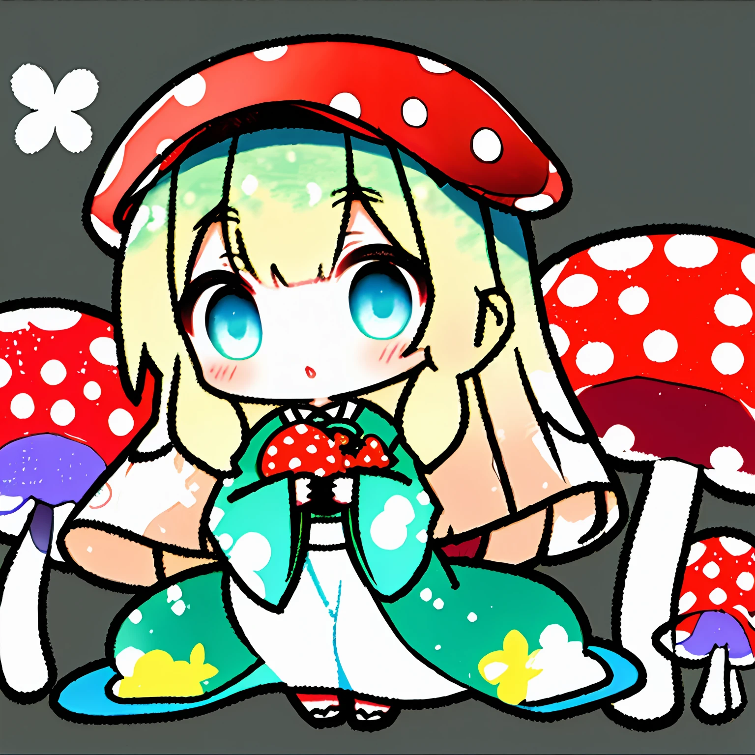 Chibi、Two-headed body、full body Esbian、Red mushroom cap with white polka dots、See-through mushrooms、、Detailed forest background、simple background、Watercolor touch、smear、colourfull、Active Pose、mesugaki、thick eyebrow、Beautiful blonde、Braids、(masterpiece)、((top-quality))、girl with、独奏、(beautidful eyes))、beatiful detailed eyes、Five Fingers、textile shading、