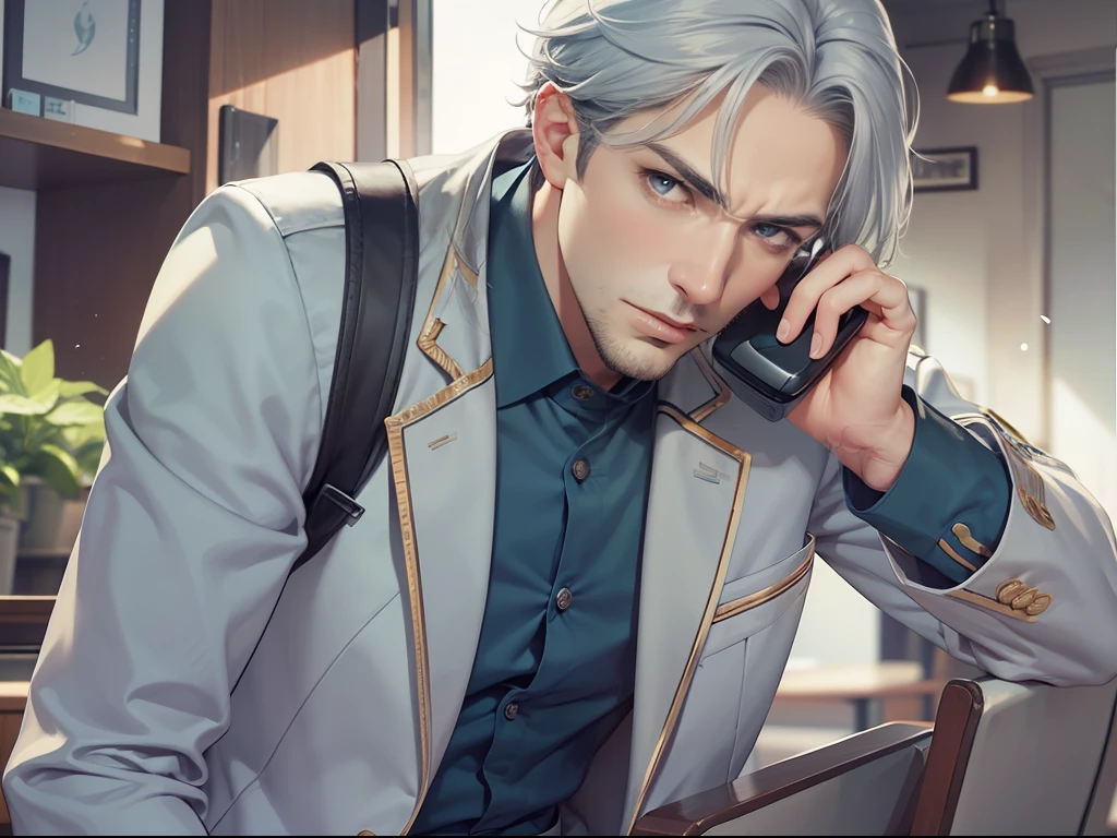 Best quality, tmasterpiece, Single full body, 38-year-old man, Tall, Short gray hair, blue color eyes, The expression is serious, Answering the phone at home