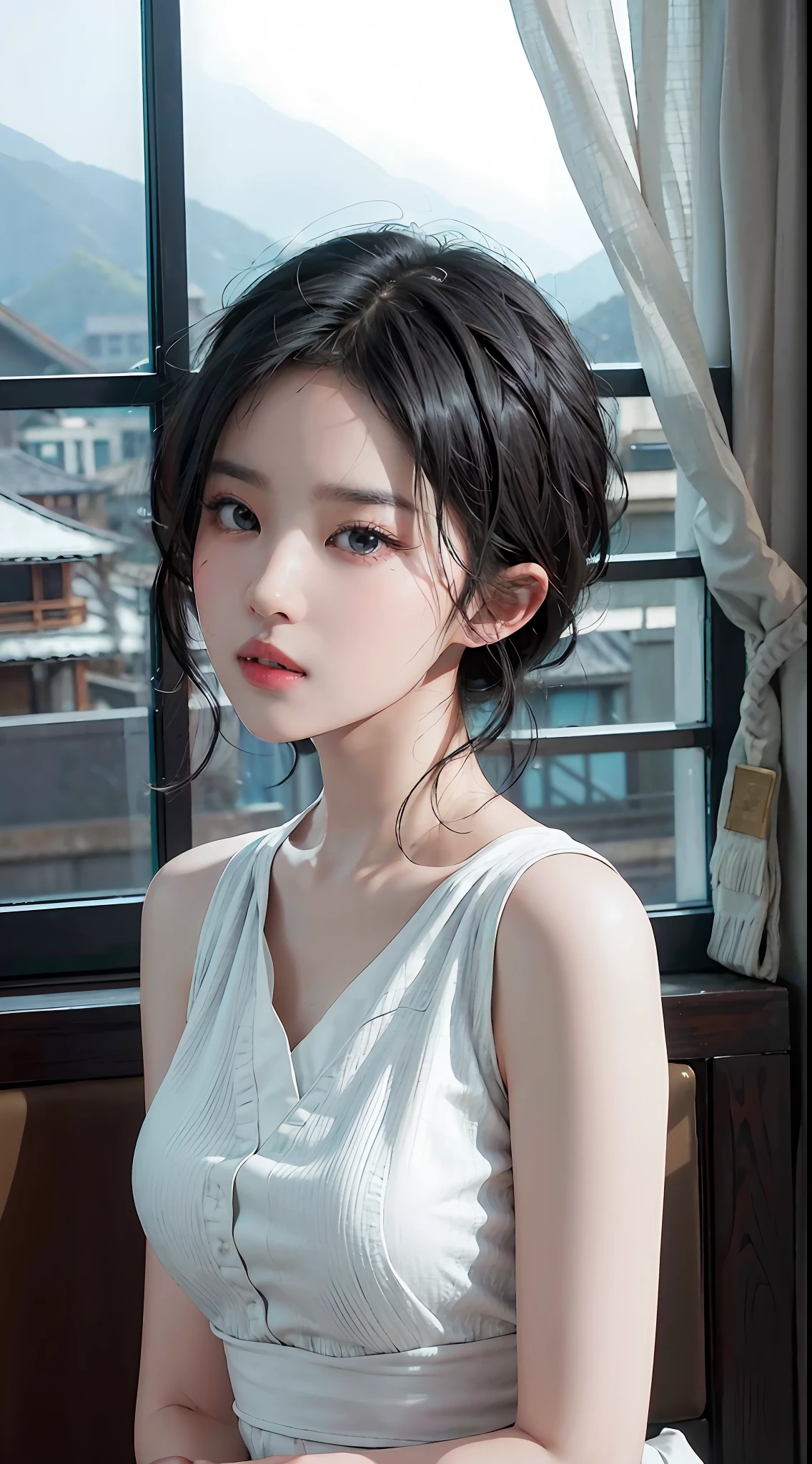 Masterpiece, 1 Beautiful Girl, Detailed Eyes, Swollen Eyes, Top Quality, Ultra High Resolution, (Reality: 1.4), Original Photo, 1Girl, Cinematic Lighting, Japanese, Asian Beauty, Korean, Very Beautiful, Beautiful Skin, Slender, Body Facing Front, (Ultra Realistic), (High Resolution), (8 K), (very detailed), (best illustration), (beautifully detailed eyes), (super detailed), detailed face, bright lighting, professional lighting, looking at viewer, facing straight ahead, neat clothes, sleeveless, short hair, black hair, 46 point slanted bangs, background is hotel room with morning sun shining in, outside window Clear ocean, neat and clean,