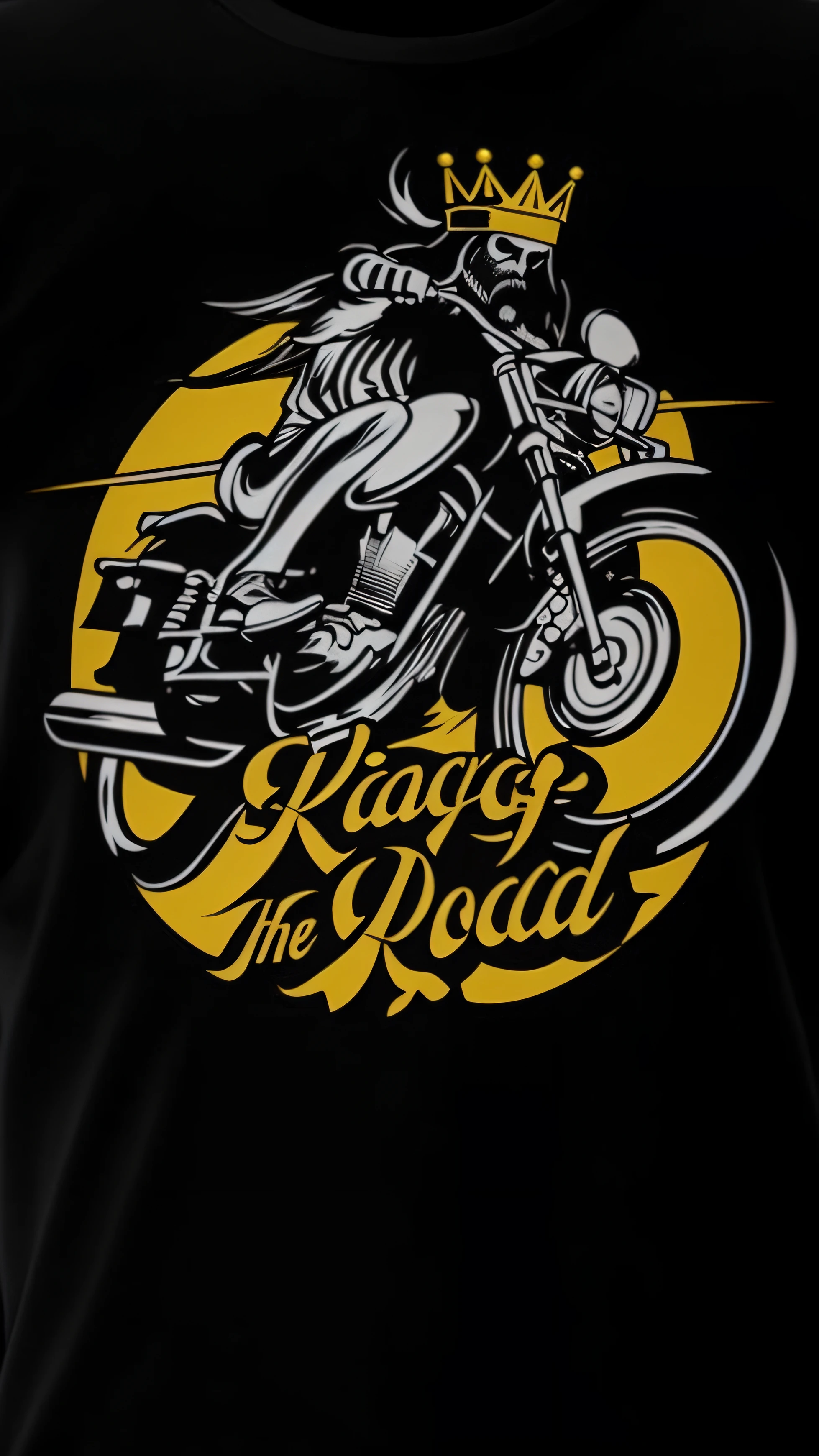 a dog riding a motorcycle with a crown on it, riding on the road, motorbiker, motorcycle, picture of a male biker, riding, road, biker, riding a motorcycle, long road, tshirt design, the king of death, inspired by Ed Roth, motorbike, the king of rooster, ghost rider, on a road