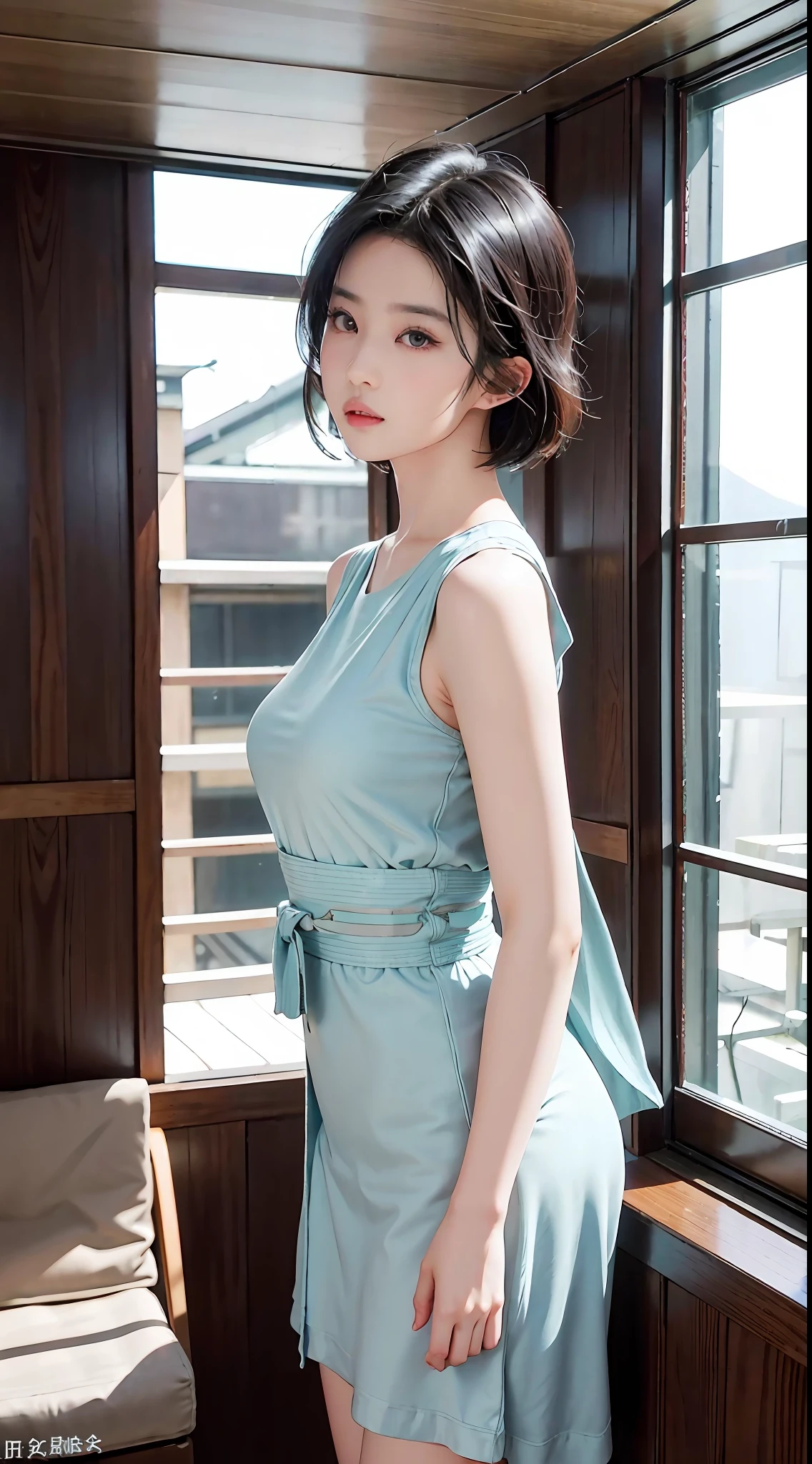 Masterpiece, 1 Beautiful Girl, Detailed Eyes, Swollen Eyes, Top Quality, Ultra High Resolution, (Reality: 1.4), Original Photo, 1Girl, Cinematic Lighting, Japanese, Asian Beauty, Korean, Very Beautiful, Beautiful Skin, Slender, Body Facing Front, (Ultra Realistic), (High Resolution), (8 K), (very detailed), (best illustration), (beautifully detailed eyes), (super detailed), detailed face, bright lighting, professional lighting, looking at viewer, facing straight ahead, neat clothes, sleeveless, short hair, black hair, 46 point slanted bangs, background is hotel room with morning sun shining in, outside window Clear ocean, neat and clean,