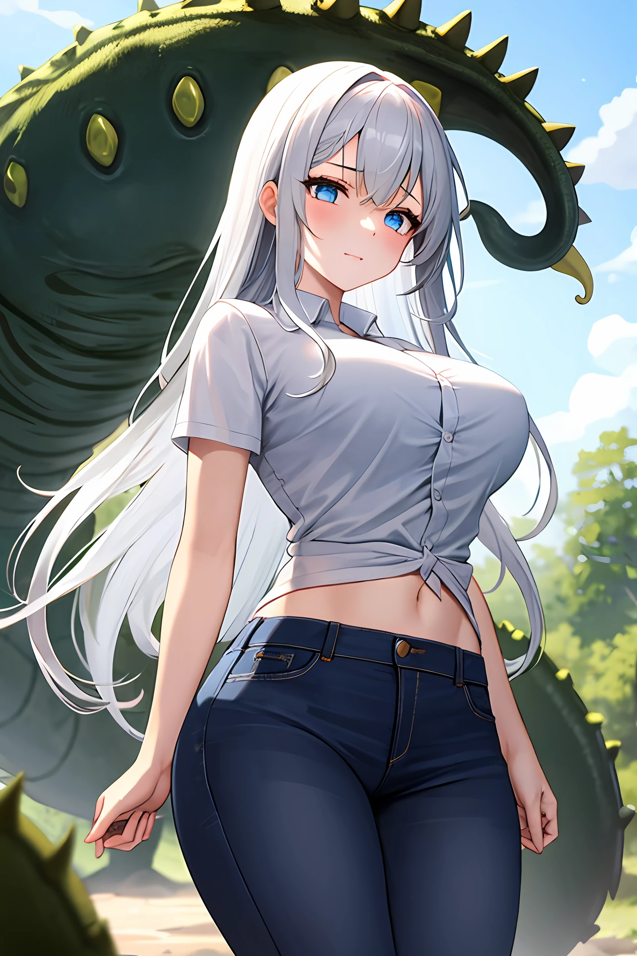 ((masterpiece))、(top-quality)、(detaileds)、(1girl in)、White hair、blue eyess、White Cutter Shirt、denim、Dim swamp、Tentacle monsters、buttock、Large breasts、distressed face、Cowgirl、torture、