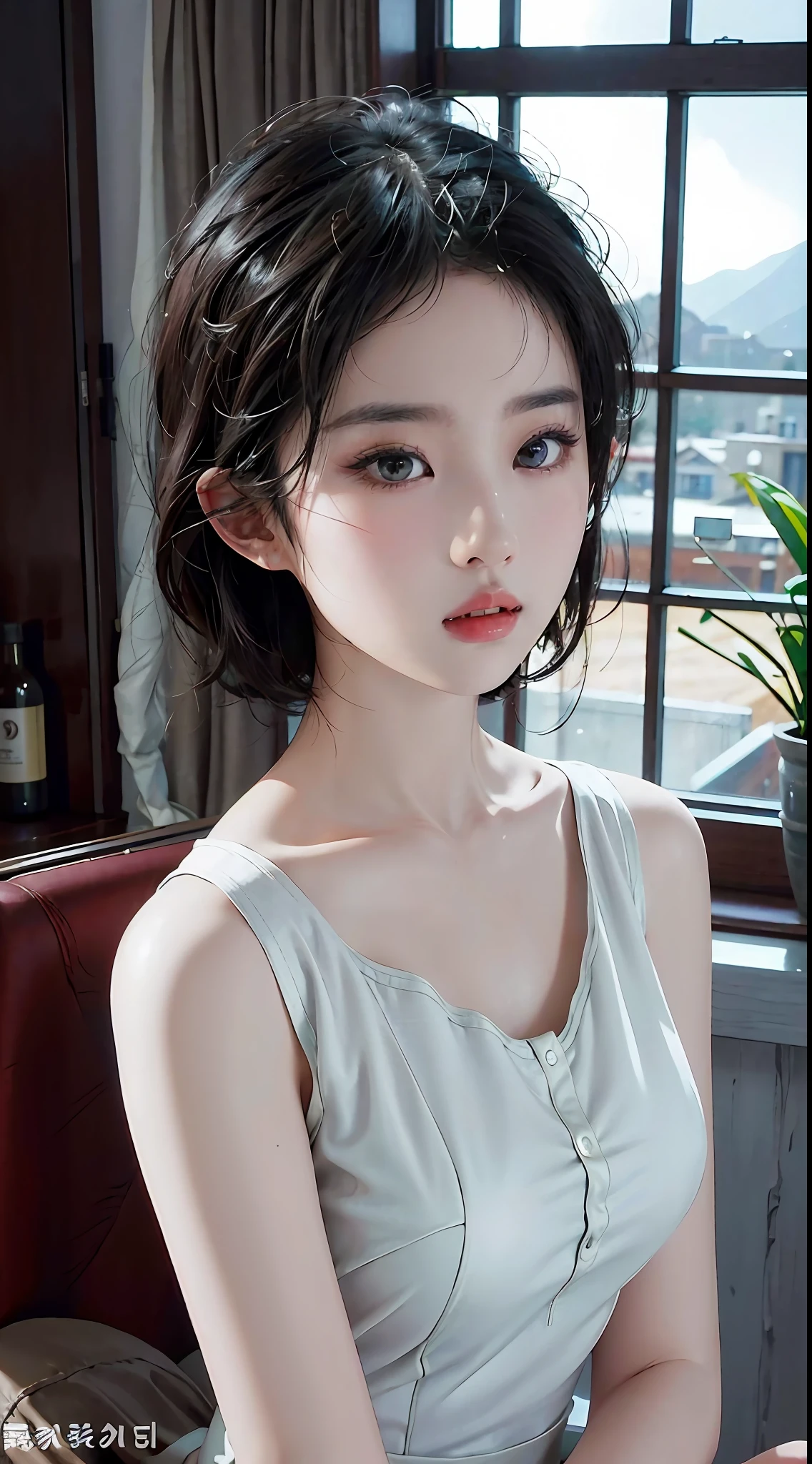 Masterpiece, 1 Beautiful Girl, Detailed Eyes, Swollen Eyes, Top Quality, Ultra High Resolution, (Reality: 1.4), Original Photo, 1Girl, Cinematic Lighting, Japanese, Asian Beauty, Korean, Very Beautiful, Beautiful Skin, Slender, Body Facing Front, (Ultra Realistic), (High Resolution), (8 K), (very detailed), (best illustration), (beautifully detailed eyes), (super detailed), detailed face, bright lighting, professional lighting, looking at viewer, facing straight ahead, neat clothes, sleeveless, short hair, black hair, 46 point slanted bangs, background is hotel room with morning sun shining in, outside window Clear ocean, neat and clean,