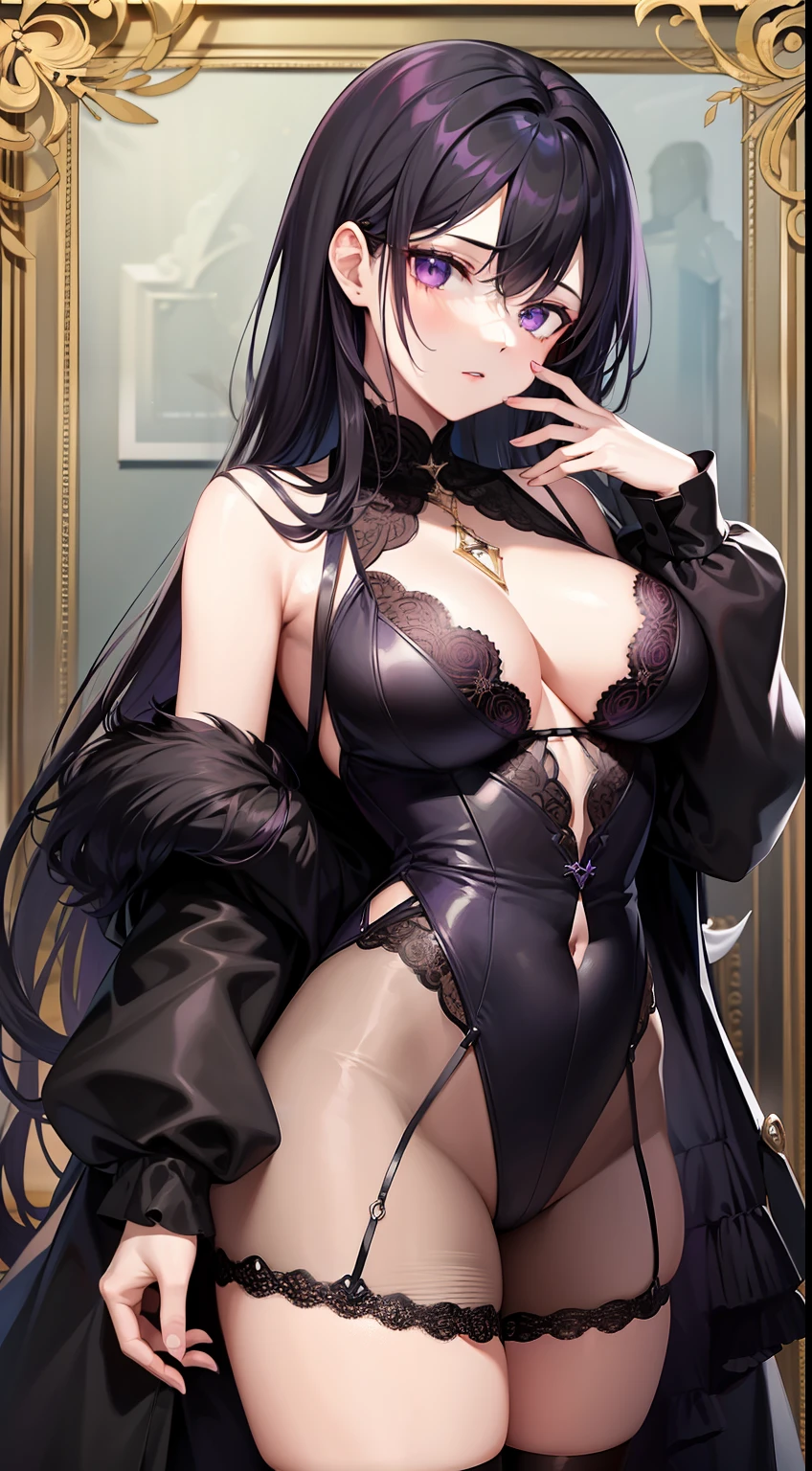 Young guy, long dark purple or black hair, violet eyes, Black rich clothes, Masterpiece, hiquality