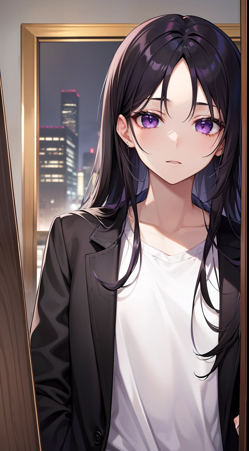 Young guy, long dark purple or black hair, violet eyes, Black rich clothes, Masterpiece, hiquality
