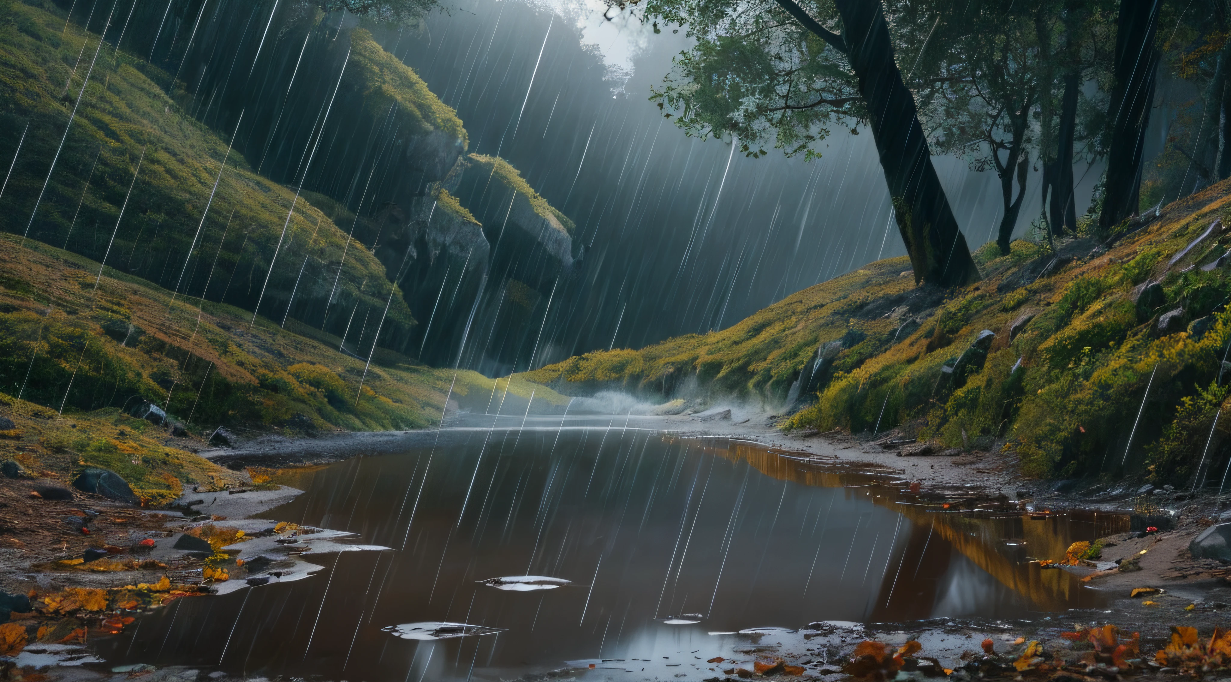 paisagem linda com montanhas de fundo com um pouco de gelo nas montanhas, angulo bem aberto 2.4, rain falling in a puddle of water, arvores de fundo, Definition, algo realmente incrivel, 4k
