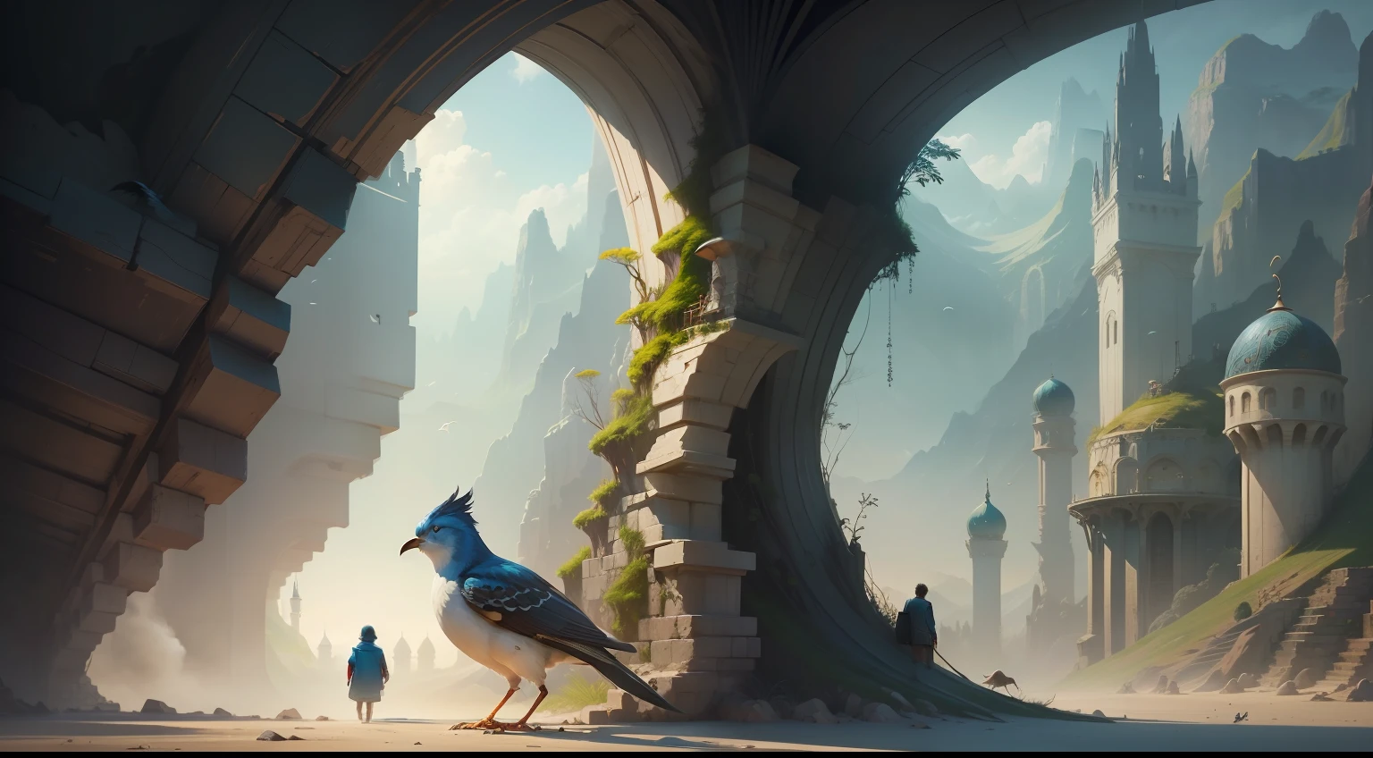 Create a cinematic, abstract logo for a movie brand based on stories and music. The logo must convey a fantasy theme and include the companionship of a boy and a bird. A ave tem um corpo mal e asas gigantes