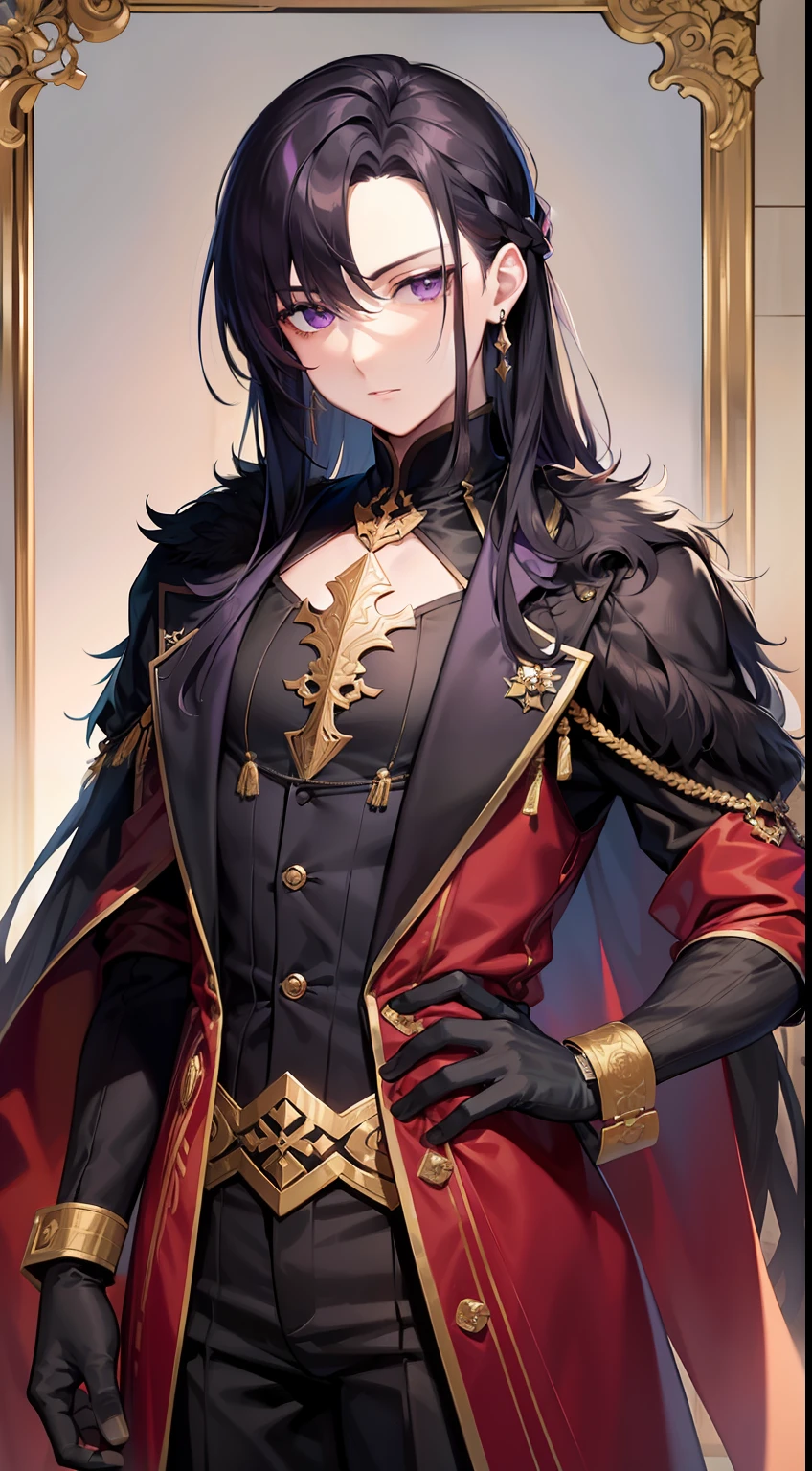 Young guy, long dark purple or black hair, violet eyes, Black rich clothes, Masterpiece, hiquality