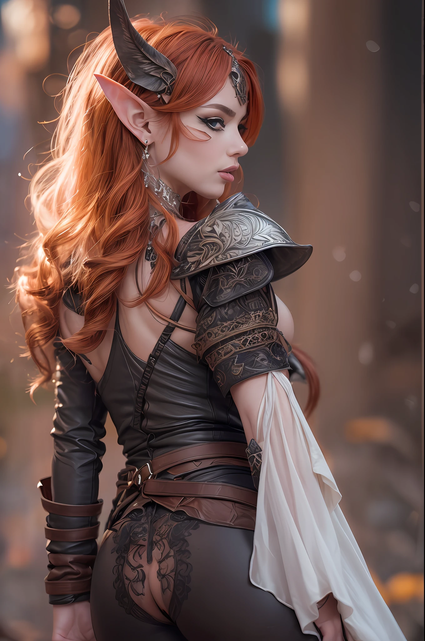 female redhead elf with beautiful elf ears, huge breasts, leather clothes, (insanely detailed:1.5), extremely detailed face and eyes, (black eyeliner:1.4), full body photograph, from behind, (plumb ass:1.4), (thick thighs:1.4), (:1.4), 20 megapixel, canon eos r3, highly detailed skin, (nsfw:1.4)