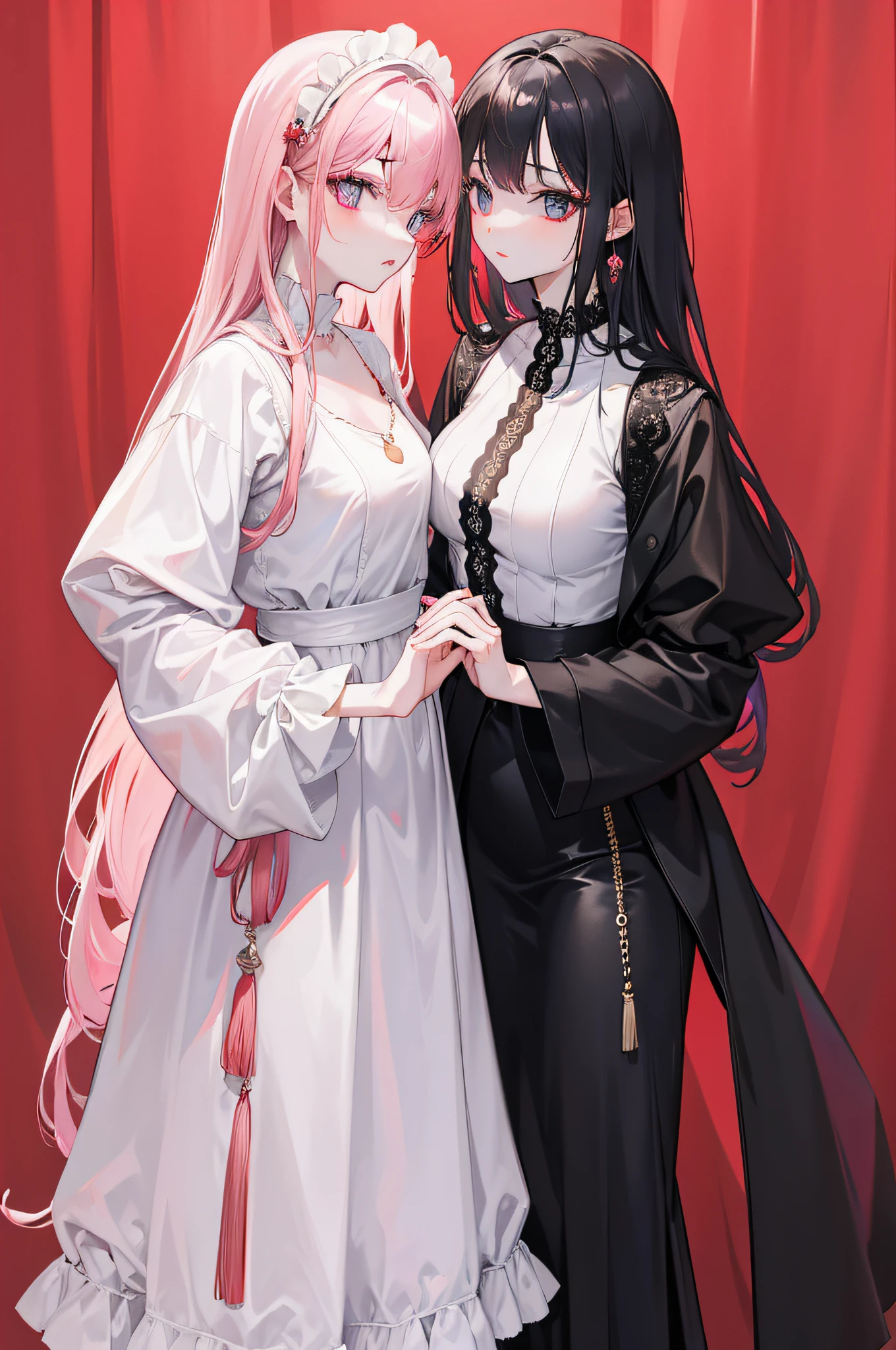25 year old couple,Royal sister,Thin iron chains are wound,White shirt, black trousers,Lace,V-neck dress dress,Be red in the face,Pink lips,The background is minimalist,8K masterpiece