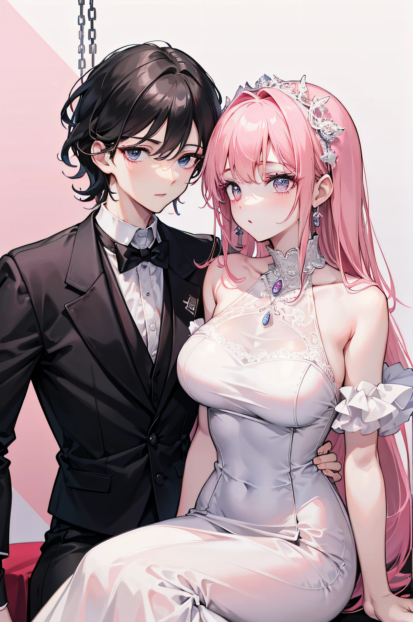 25 year old couple，Royal sister，Thin iron chains are wound，White shirt, black trousers，Lace，V-neck dress dress，Be red in the face，Pink lips，The background is minimalist，8K masterpiece