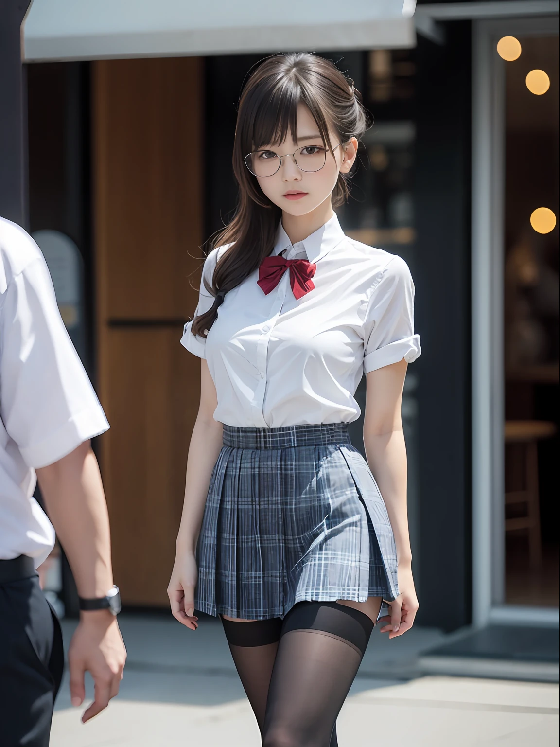 (8K、Raw photography、top-quality、masterpiece:1.2),Erotic,Lewd,de pele branca,Black pantyhose,absurderes,a small face,small tits,flat breast,Parting the bangs from the middle、Forehead visible,(Tight eyes,Bullish,skinny,Rasping,irate)、masterpiece,top-quality、超A high resolution,Raw photo,ren,Beautiful fece,One Person, 独奏,eye glass,,Dark look,Small breasts,fullllbody,Round glasses、cute little、A Japanese Lady,is standing,(Tight eyes,Bullish,skinny,Rasping,irate,small tits,flat breast)、(Photorealsitic:1.37)、Photon mapping,Light blue ribbon,Realistic、Cute little face,Brown-eyed、Black socks、(Red bow tie)、Radio City、Physically Based Rendering、Foreground、depth of fields、Blurry background、a picture,The girls、Body, Long legs, Thin leg,poneyTail,(Bangs are visible), hair, s lips, Blue_The eye, nosesoft,White shirt, Navy blue and white plaid pleated skirt, Knees are visible,Sheer clothing,, Thigh, Black cotton socks,Nogizaka Idol, 女優, Japanese ido
