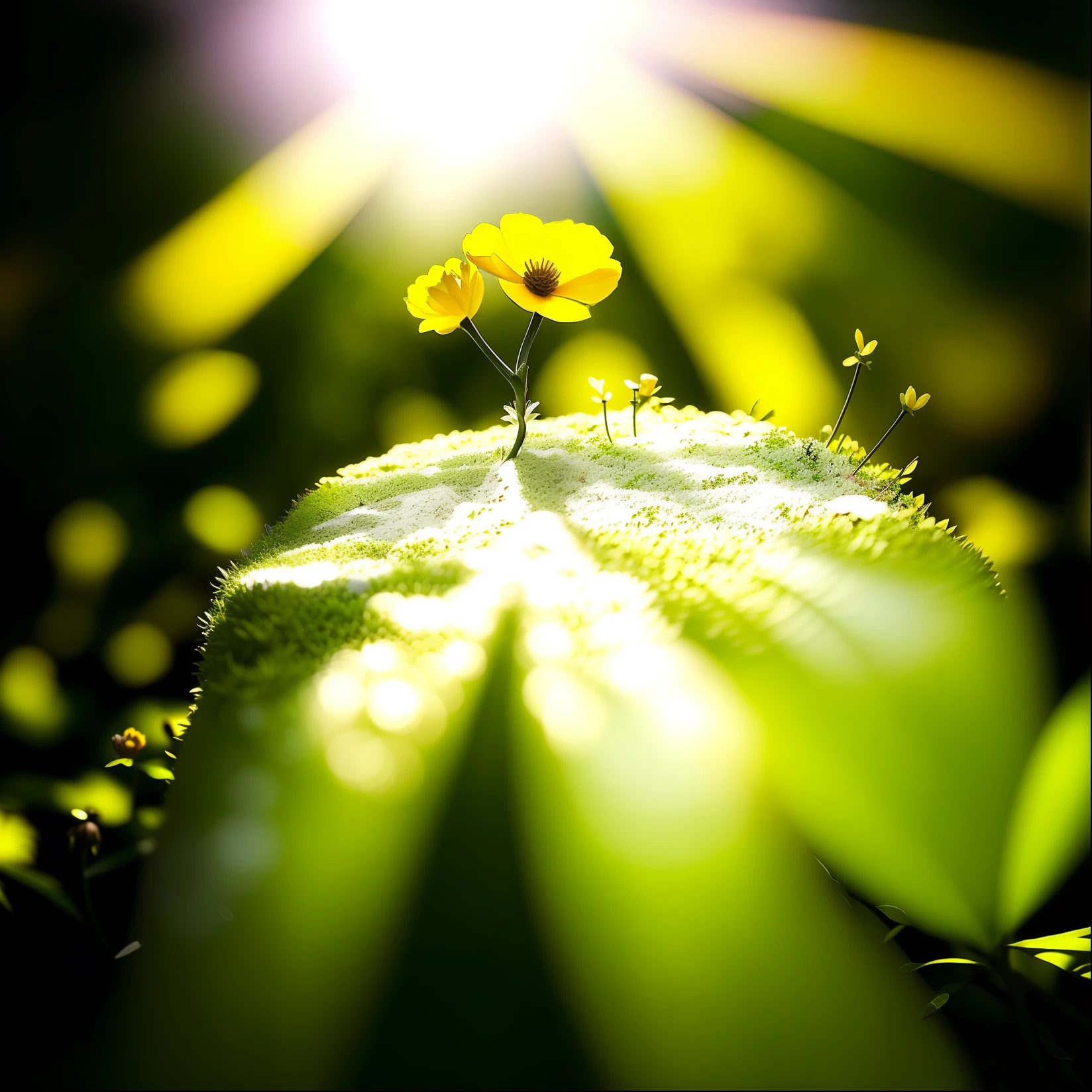 um close up de uma flor em uma rocha coberta de musgo, Paulo Barson, musgo e flores, bela luz de fundo natural, beautiful lighting composition, Luz de raio florestal, natural realistic render, luz solar florescer, musgo incandescente, bela luz de fundo, perfect composition and lighting, fantasy magical vegetation, fotografia de natureza, with ethereal light, suavemente retroiluminado, flor delicada brilhante