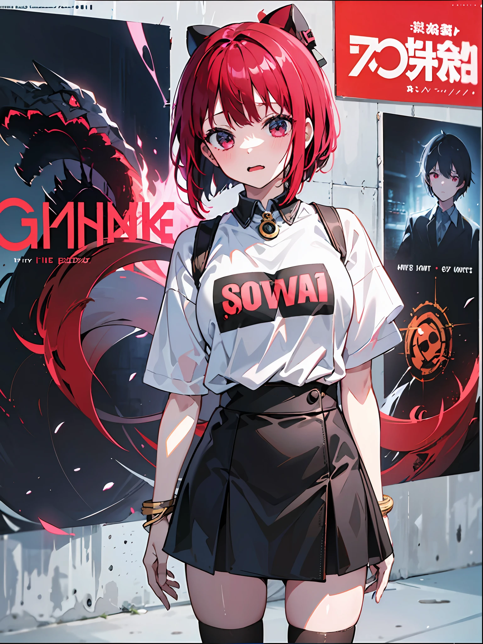 (masterpiece、top-quality、hight resolution)、 Kana Arima \(Oshinoko\), full of shyness、red hairs、Bob Hair、a miniskirt、Tight skirt cheeks、Wavy mouth、(((Dramatic)))、(((gritty)))、(((vehement))))The poster of the film appears as a central character。She is shy in the center of the poster、Wearing an idol costume、Has a determined look。The background is dark and rough、I feel like I'm drunk。Text is bold and eye-catching、Catchy slogans add to the overall drama and excitement。The color palette is dominated by dark colors.、Bright colors dotted、Make your poster dynamic and visually impactful、Tachi- e(magazine:1.3)、(cover-style:1.3)、Fashionable、with a vibrant、outfits、the pose、the front、colourfull、Dynamic、Background with、element、self-assured、Expressively、ngel、statement、attachment、An majestic、coiled、surroundings、Touch、The scene、Texto、covers、boldface、grab attention、Titles、lo fashion、Font、Catchy、Titles、Large、grab attention、moderno、 Trendy、concentrating、Stylish、1 girl in