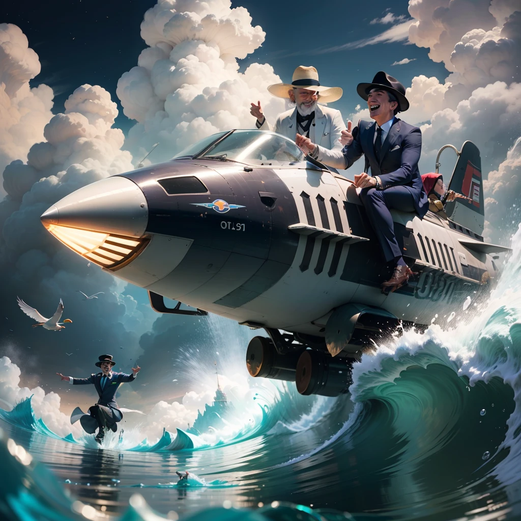 Arabic tale from the 1400s. Racing on vintage sci-fi mechanical devices. Funny characters flying among the clouds. In elegant old suits and hats. Diving into the water, laughter, joy, fun. Splashes of water. Full length closeup portrait in Disney Pixar style, super realistic, cinematic, lots of details, dark blurred fantasy --auto --s2