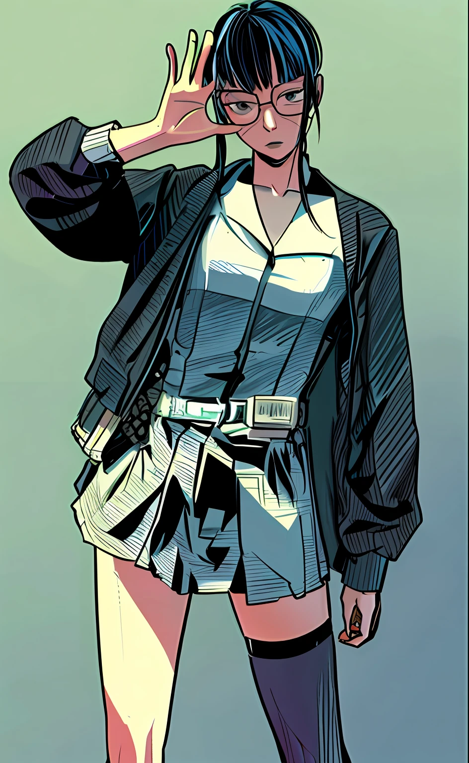 A painting of a woman in a short skirt and jacket, black and white manga style, detailed manga style, anime full body illustration, rei hiroe black lagoon manga, striking manga artstyle, Floor plan about the《Ishida art manga》, comic character, Full body illustration, style of hajime isayama, Molly from Neuromancer, rena nounen style 3/4