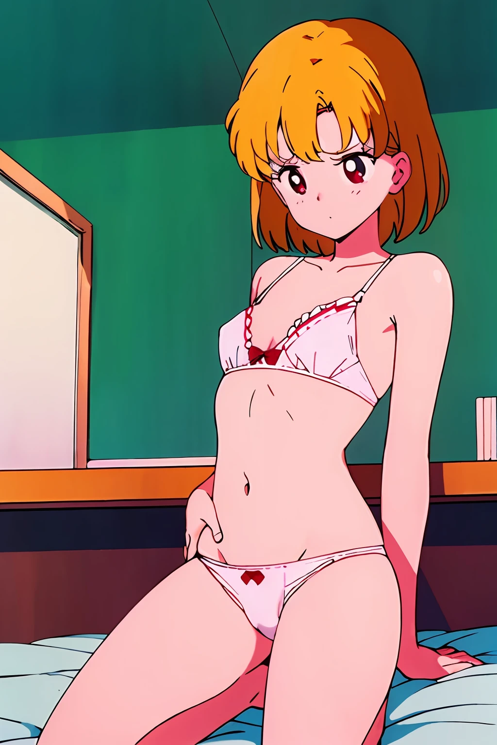 Best Quality, masutepiece, 1girl in, maturefemale, teacher, Underwear、White underwear、White bra、white panty、Underwear with a small area、in one's underwear only、Nipples are coming out、teats、teats、teats、Pussy、Pussy、Pussy、Retro anime style、TV anime style