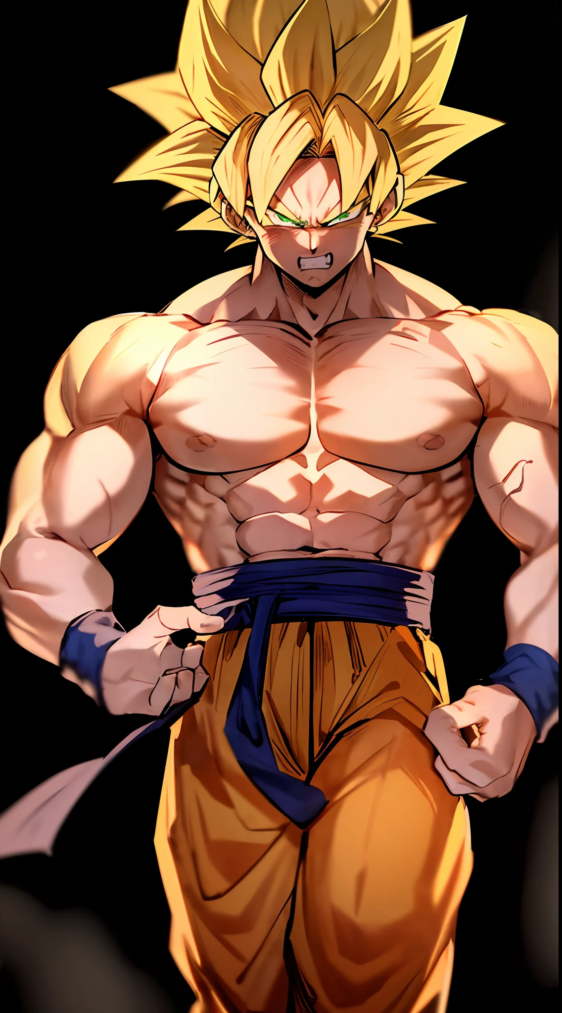 son goku, 1boy, angry, battle damage, blonde hair, blue sash, clenched teeth, furious, green eyes, male focus, muscular, muscular male, pectorals, sash, solo, spiked hair, super saiyan, super saiyan 4, teeth, topless male, torn clothes, wristband, ((masterpiece))