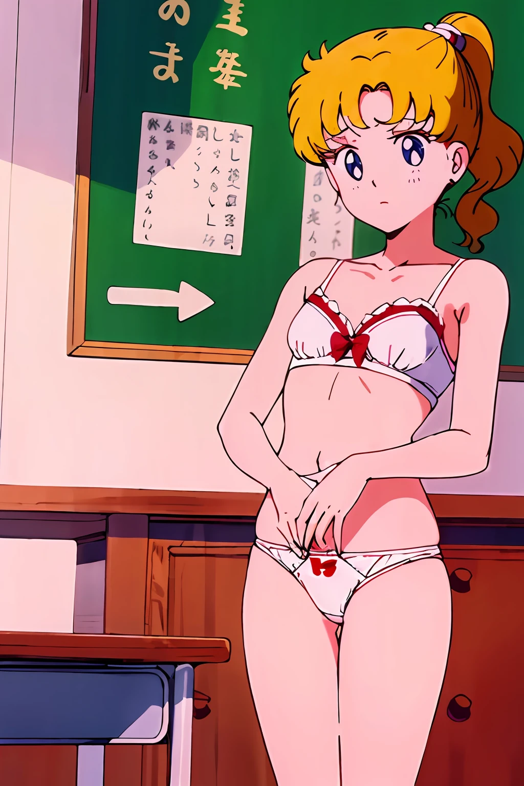 Best Quality, masutepiece,  1girl in, maturefemale, teacher, Underwear、White underwear、White bra、white panty、Underwear with a small area、in one's underwear only、Nipples are coming out、teats、teats、teats、Pussy、Pussy、Pussy、Retro anime style、TV anime style