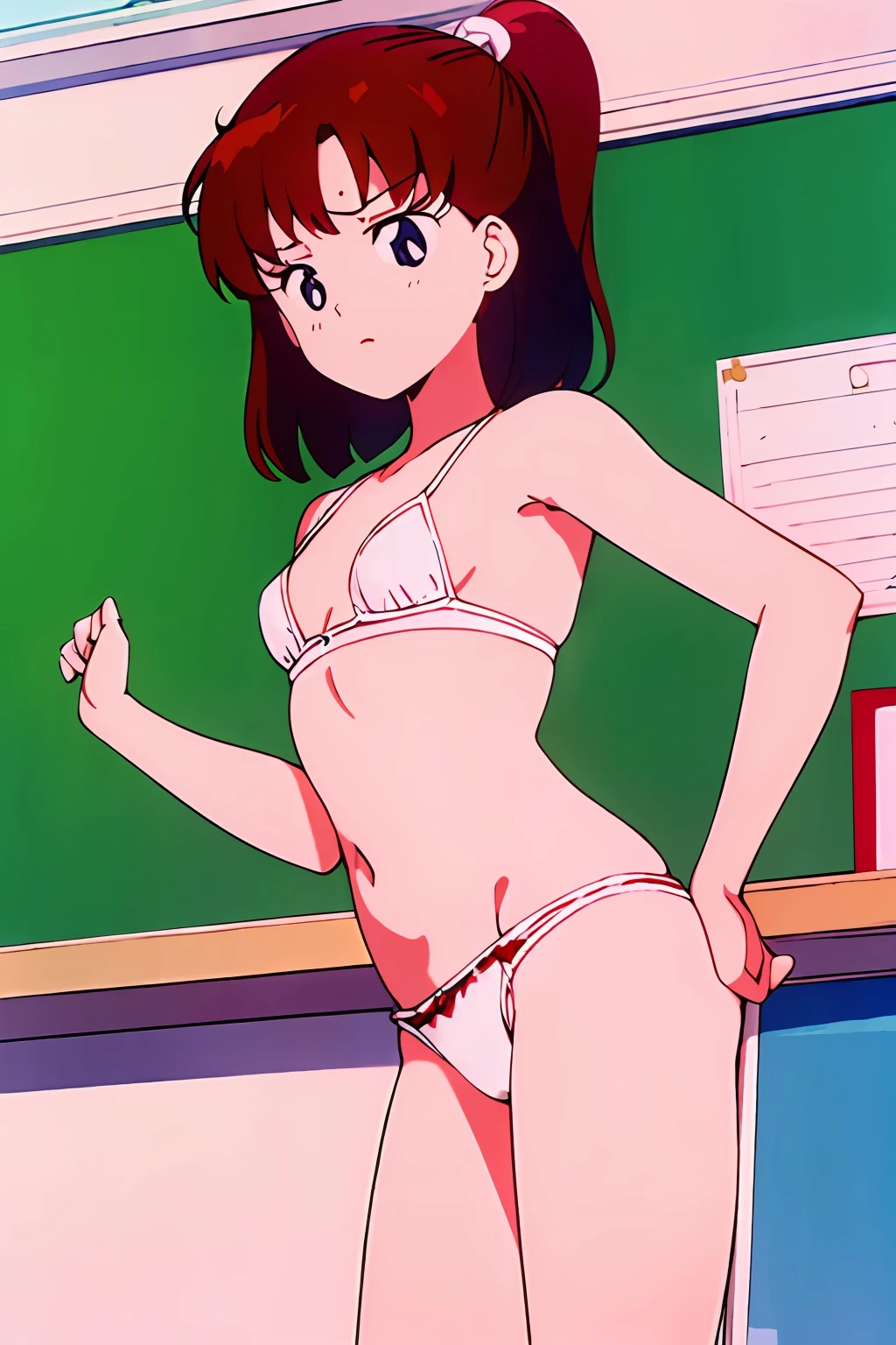 Best Quality, masutepiece,  1girl in, maturefemale, teacher, Underwear、White underwear、White bra、white panty、Underwear with a small area、in one's underwear only、Nipples are coming out、teats、teats、teats、Pussy、Pussy、Pussy、Retro anime style、TV anime style