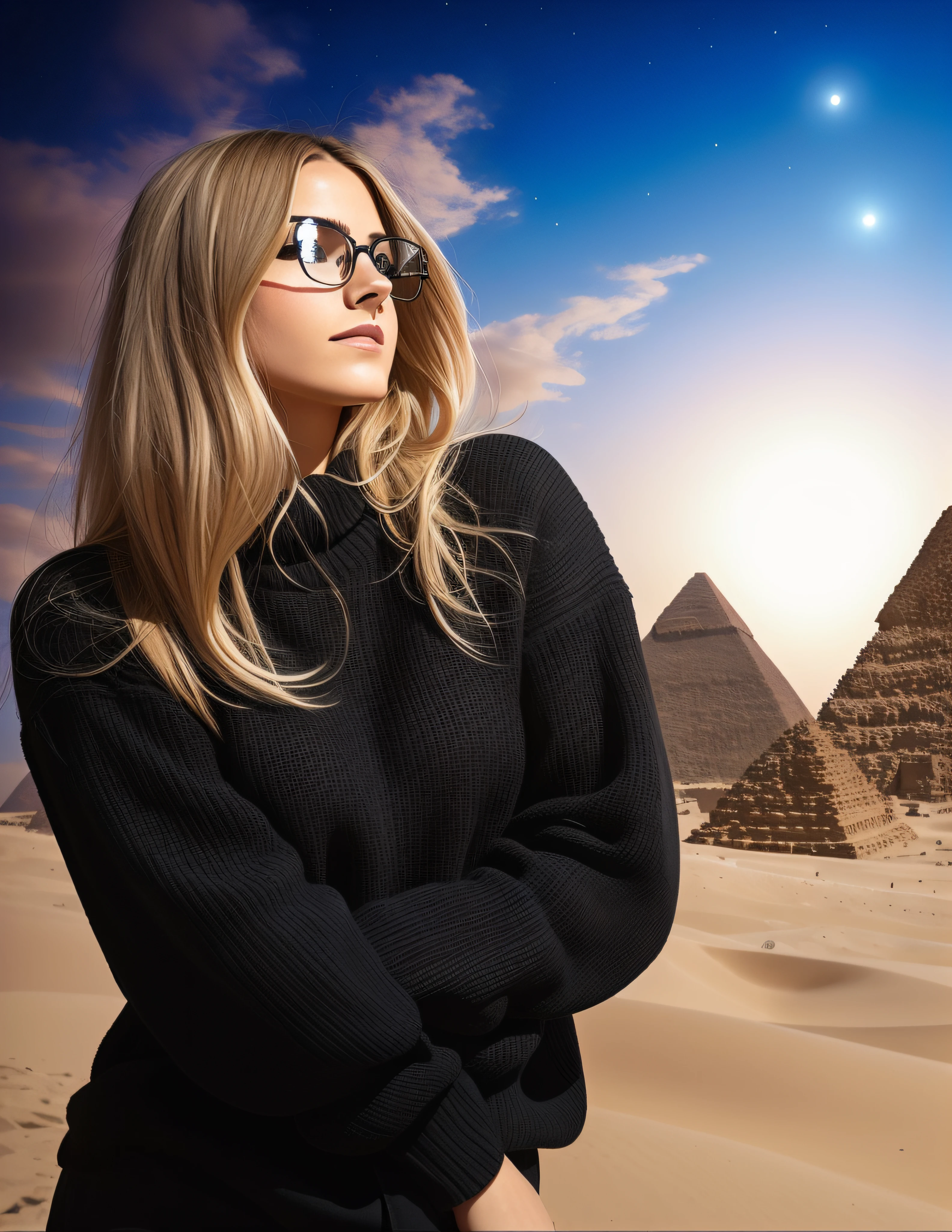 Blonde woman in black sweater and glasses standing in front of pyramids, pyramids in the background, pyramids in background, " Femme on a Galactic Coast, Pyramids, stargate standing in desert, pyramids style, Girl in Egyptian ruins, black emma watson as egyptian, Mystical setting, foto de retrato, pyramid in background, foto de retrato de pintura fosca, inspirado em Julia Pishtar
