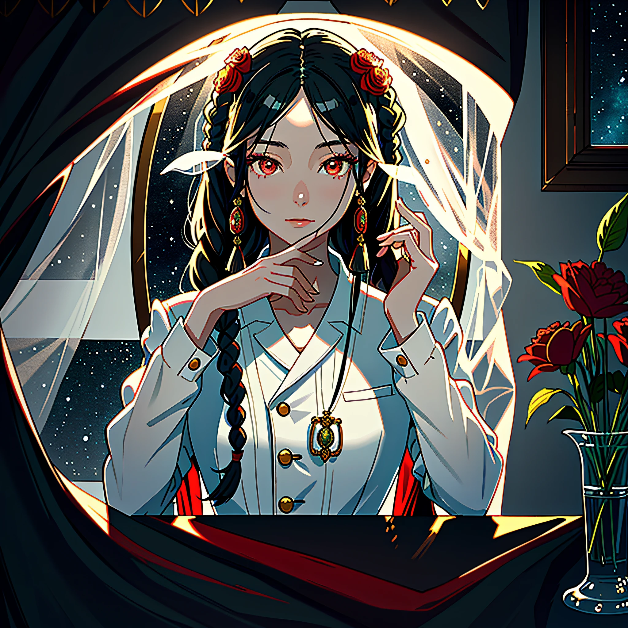 (masterpiece,best quality,1girl,Red eyes, black hair, twin braids,wearing a white suit, with flowers on the vase and a window in the background, at night),Moon,beautiful detailed face,beautiful detailed clavicle,finely detail,refined rendering,beautiful detailed eyes,extremely detailed CG unity 8k wallpaper,Ultra-detailed, very precise detailed,Amazing, exquisite details, animated cg, superb lighting, best lighting, extremely delicate and beautiful, amazing,illustration