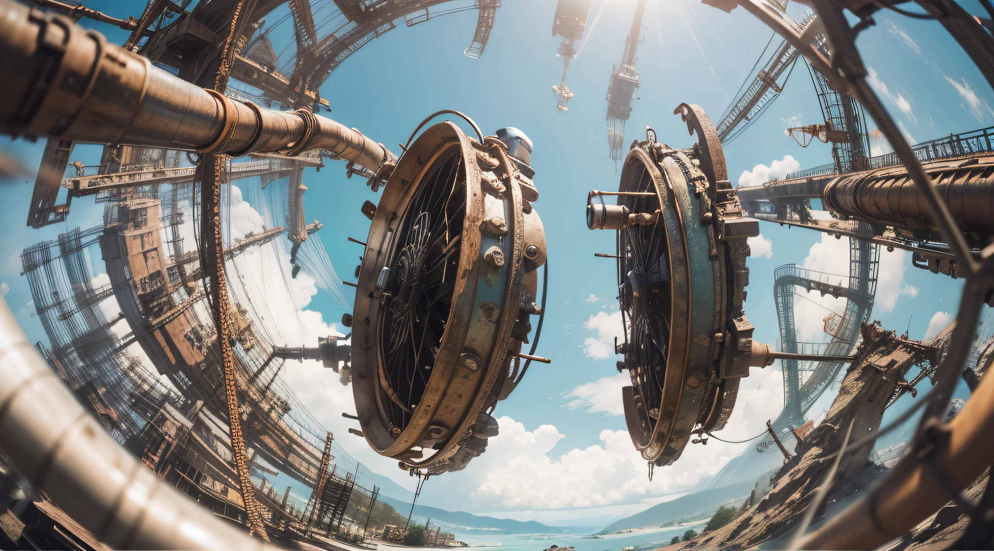 a heavily distorted, fading midday clear sky, a singular object comprised of contorted feathers/machinery/pipes/rusted components is floating in the air, extra detail, 4kHD details, best resolution, surrealistic composition, extreme camera angle, motion blur, depth of field, foreshortening, tilted camera angle, cinematic lighting, movie scene, precise details, intense details, panoramic image, fish eye lens perspective view, INTENSE LENS FLARES