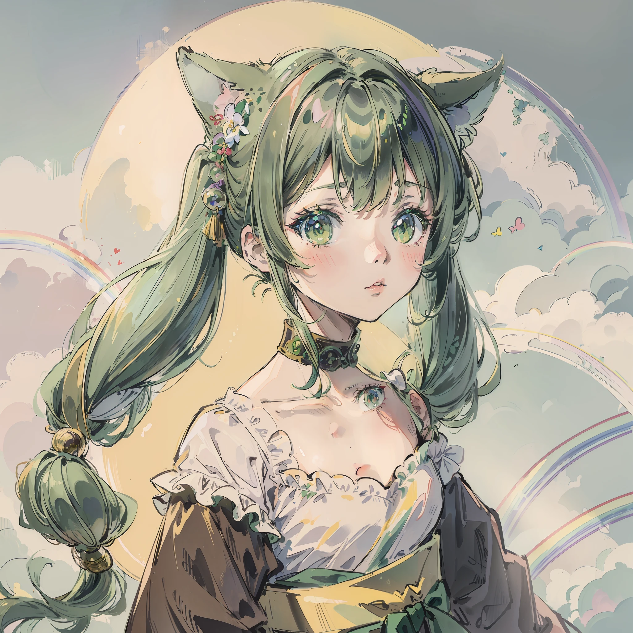 (Best quality1.2、masutepiece)、A stunning、Take a cute cat、kawaii、Green hair(rainbow-colored hair)、(Twin-tailed)