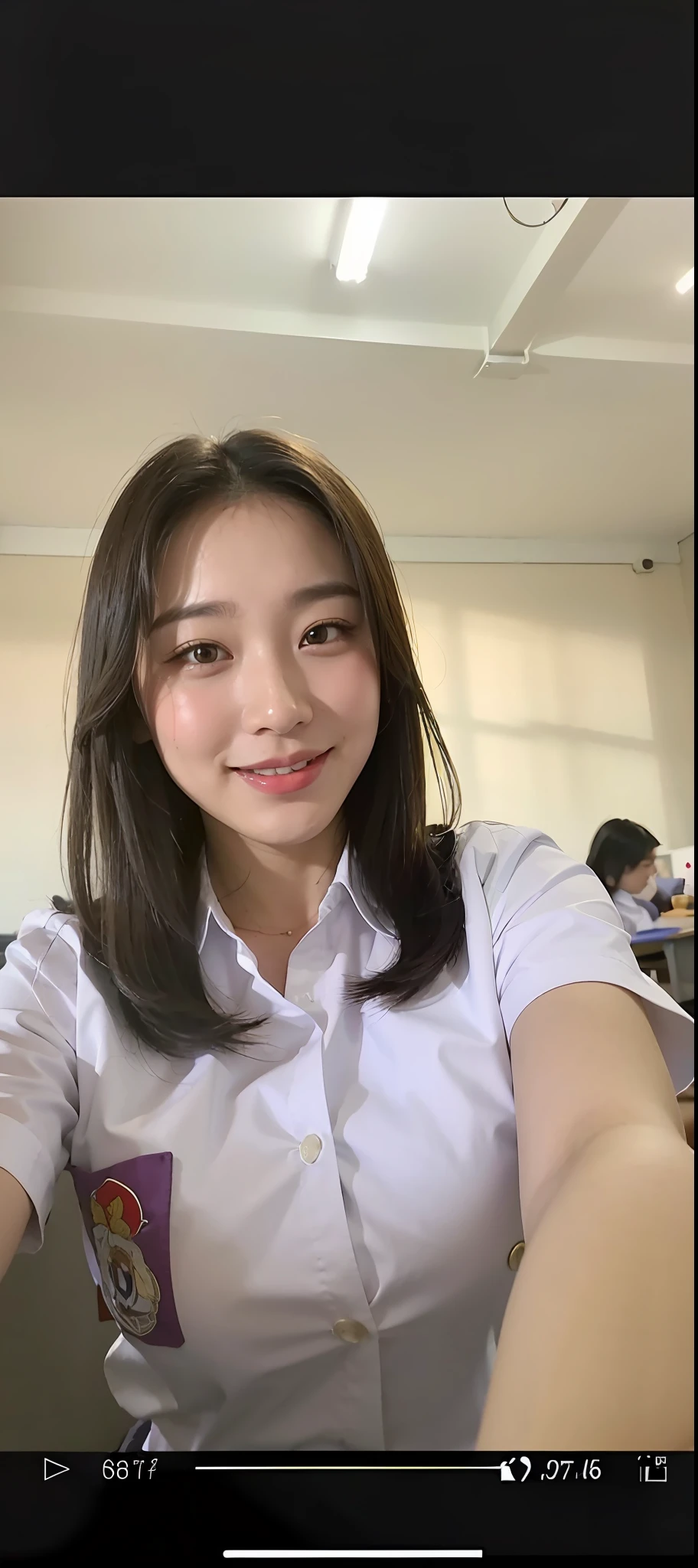 arafed woman taking a selfie with a cell phone in a classroom, 8k selfie photograph, anime thai girl, 🤤 girl portrait, wearing school uniform, selfie of a young woman, young cute wan asian face, wearing headmistress uniform, selfie shot straight on angle, with kind face, south east asian with round face, nivanh chanthara, (((((large breasts))))), smile