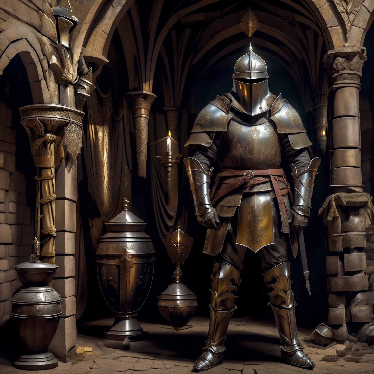 There's a Knight Templar leaning against a treasure pit, paisagem medieval sombria e areiada, Estilo arte quadrinho, cores fracas e caricato como arte velha empueirada