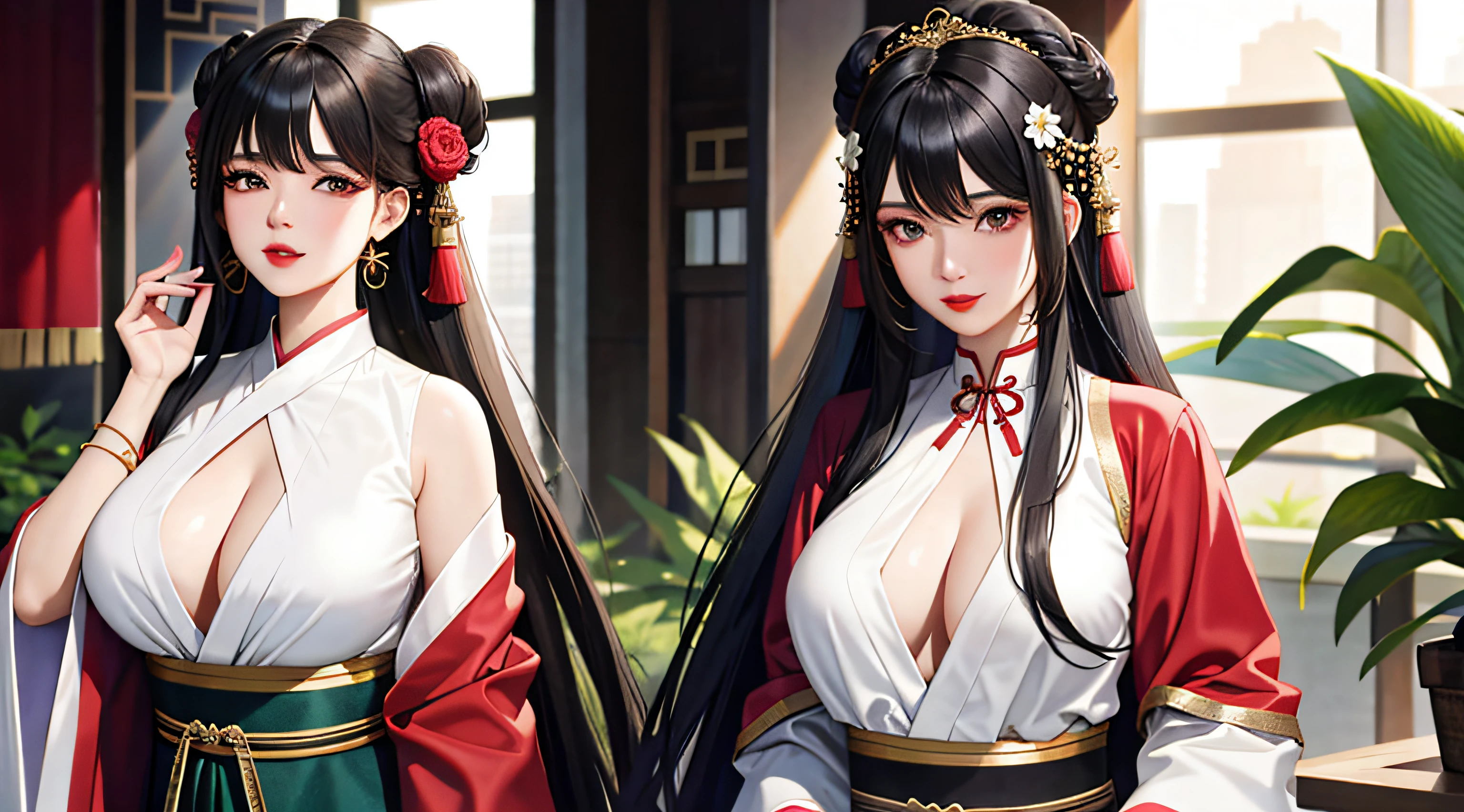 1female,huge tit,brunette color hair,Keep one's mouth shut,(Hanfu),Hanfu,Redlip,耳Nipple Ring,florals,hair adornments,jewelry,long whitr hair,Look at the audience,choker necklace,portrait,ssmile,独奏,A half body,(Shiny skin), (tmasterpiece:1.4),(best qualtiy:1.4)