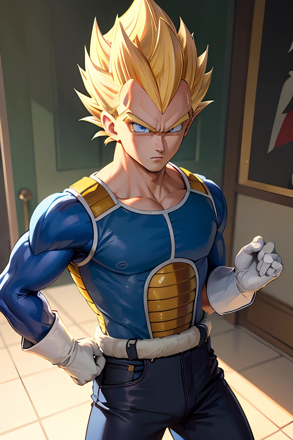 (masterpiece, best quality: 1.2), solo, male focus, 1boy, vegeta, serious, looking at the viewer, spiked blonde hair, green eyes, armor, white gloves, ultra ego