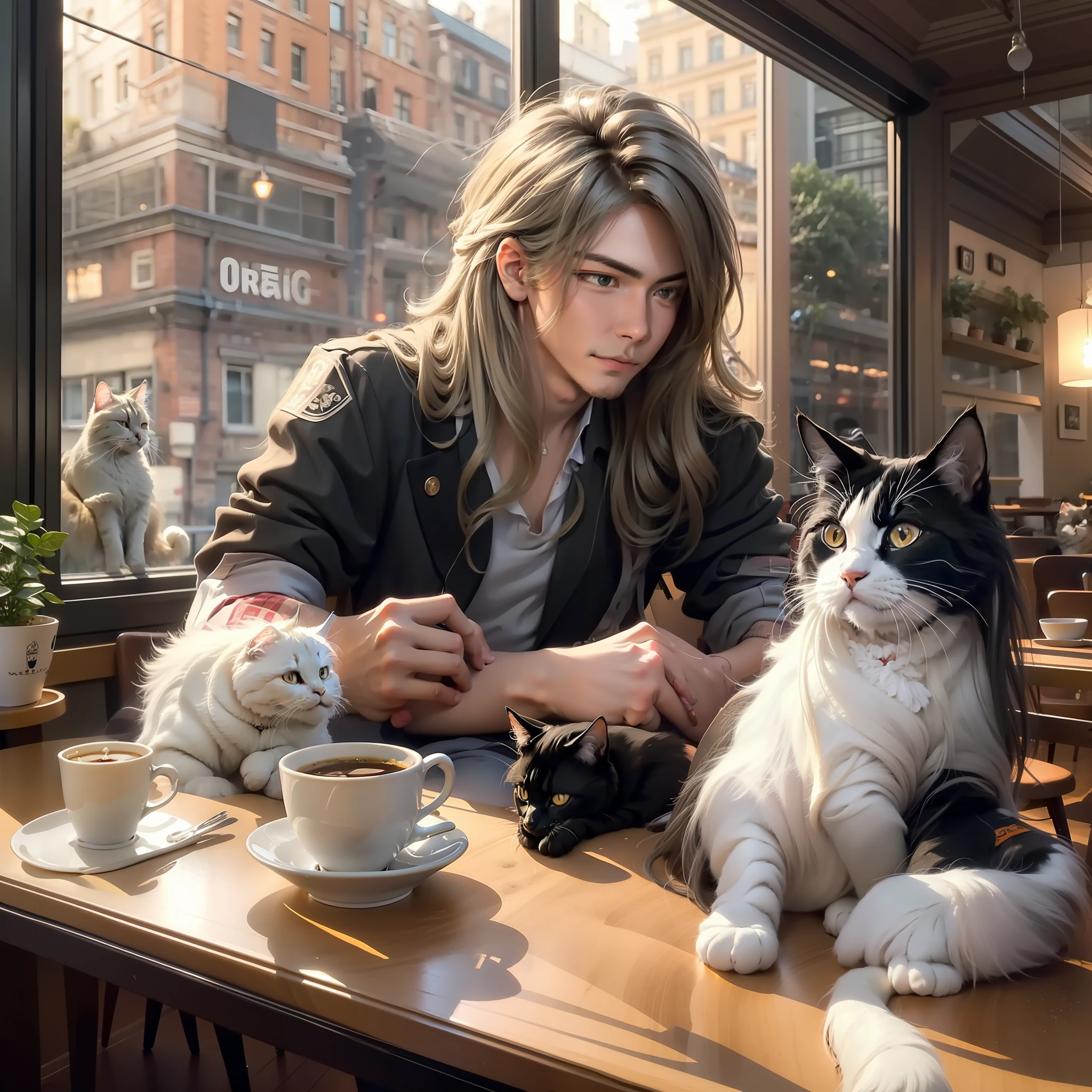 Handsome boy holding a long-haired white cat and a long-haired black cat sitting in a café drinking coffee,Pleasant view from the café,very cozy