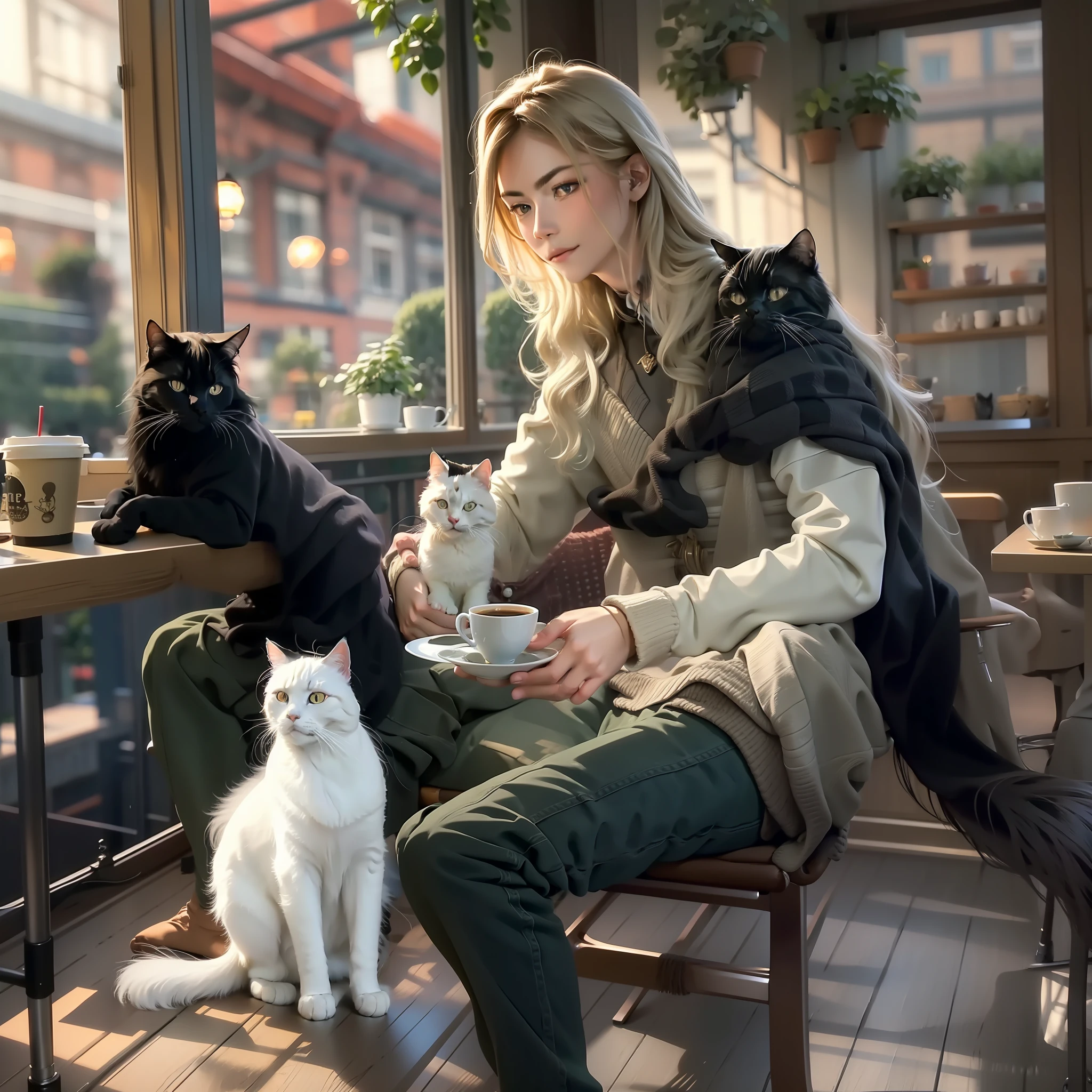 Handsome boy holding a long-haired white cat and a long-haired black cat sitting in a café drinking coffee,Pleasant view from the café,very cozy