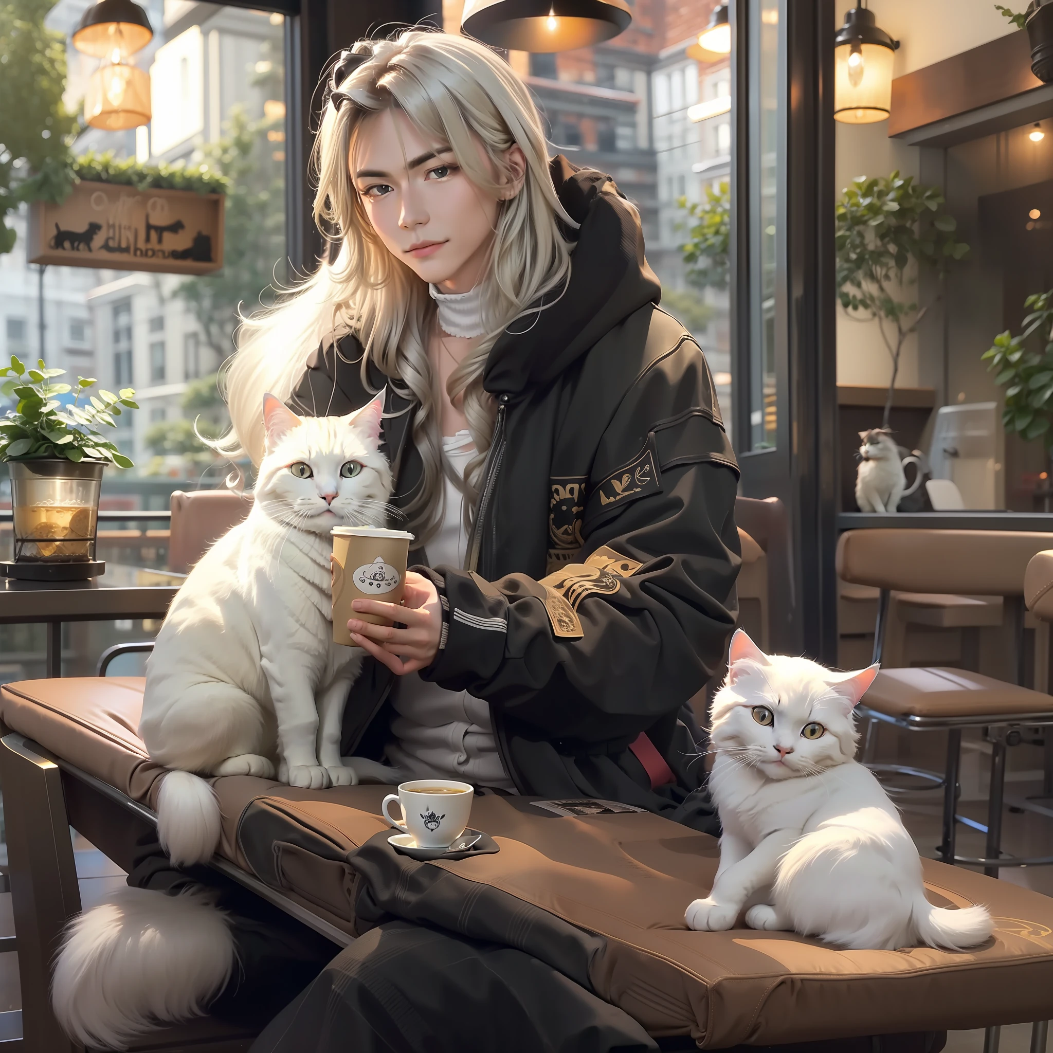 Handsome boy holding a long-haired white cat and a long-haired black cat sitting in a café drinking coffee,Pleasant view from the café,very cozy