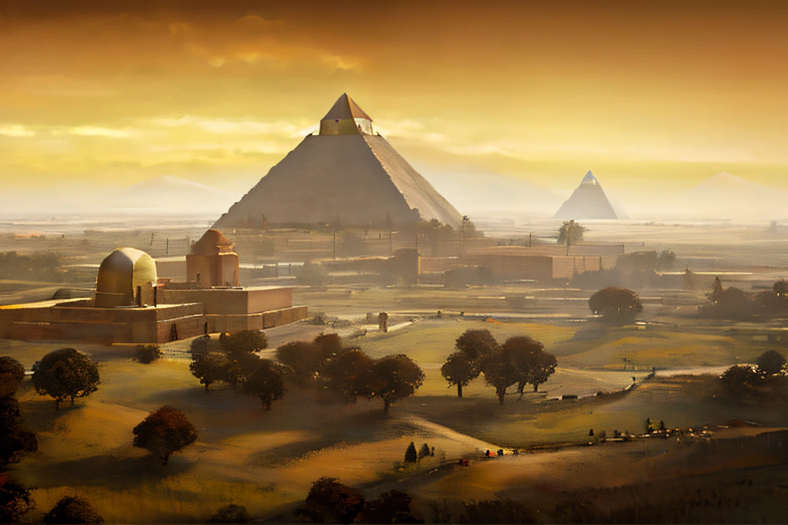 the three golden acient pyramids of giza surrounded by many brown Burmese bagan pagodas and villages full of green forests and some animals such as cows and goats, in Bagan city, fog, smoke, spring, clran blue sky with a little clouds, warm wealther in sunset time, birds are flying in the sky. beautiful scence, potrait, lanscape, highly detailed, photography, 8k,