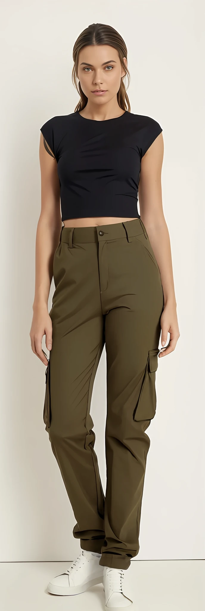 A beautiful woman in a slightly baggy black top and brown pants posing for a photo, brown pants, low-waisted sweatpants, baggy pants, Pants, cargo pants, com dois bolsos frontais, Khakis, so shorts, Olive green pants, with his hands in his pockets, wearing pants, Hands in pockets, Comfortable, toupeira, large pants, tiro do meio cintura para cima, roupas marrons, Directed by: Lee Jeffreis